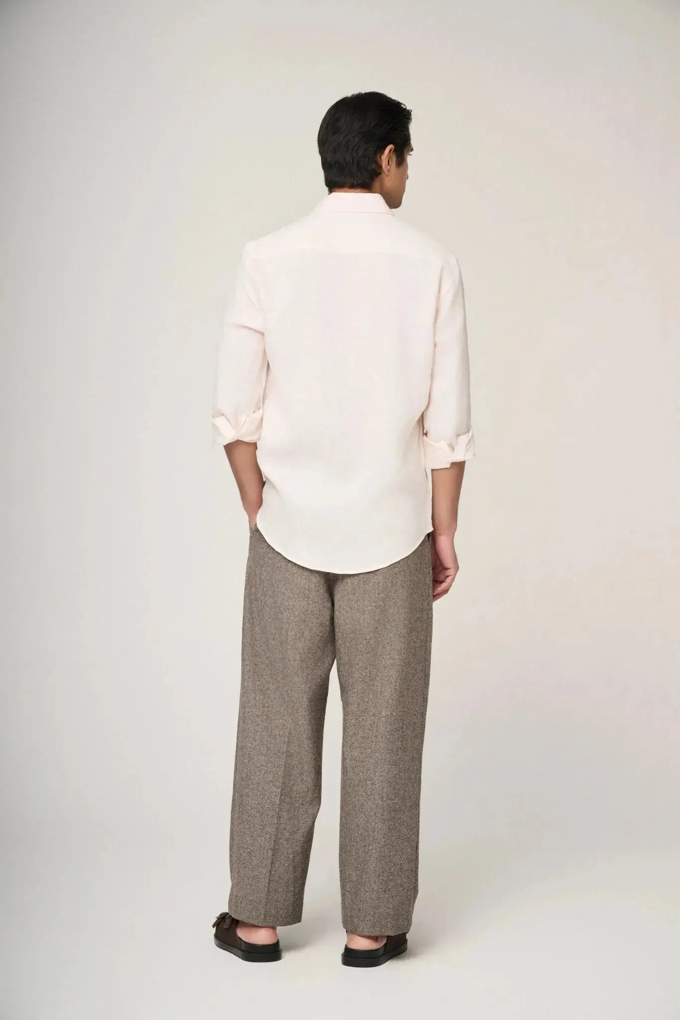 peach linen shirt back view with smooth fall