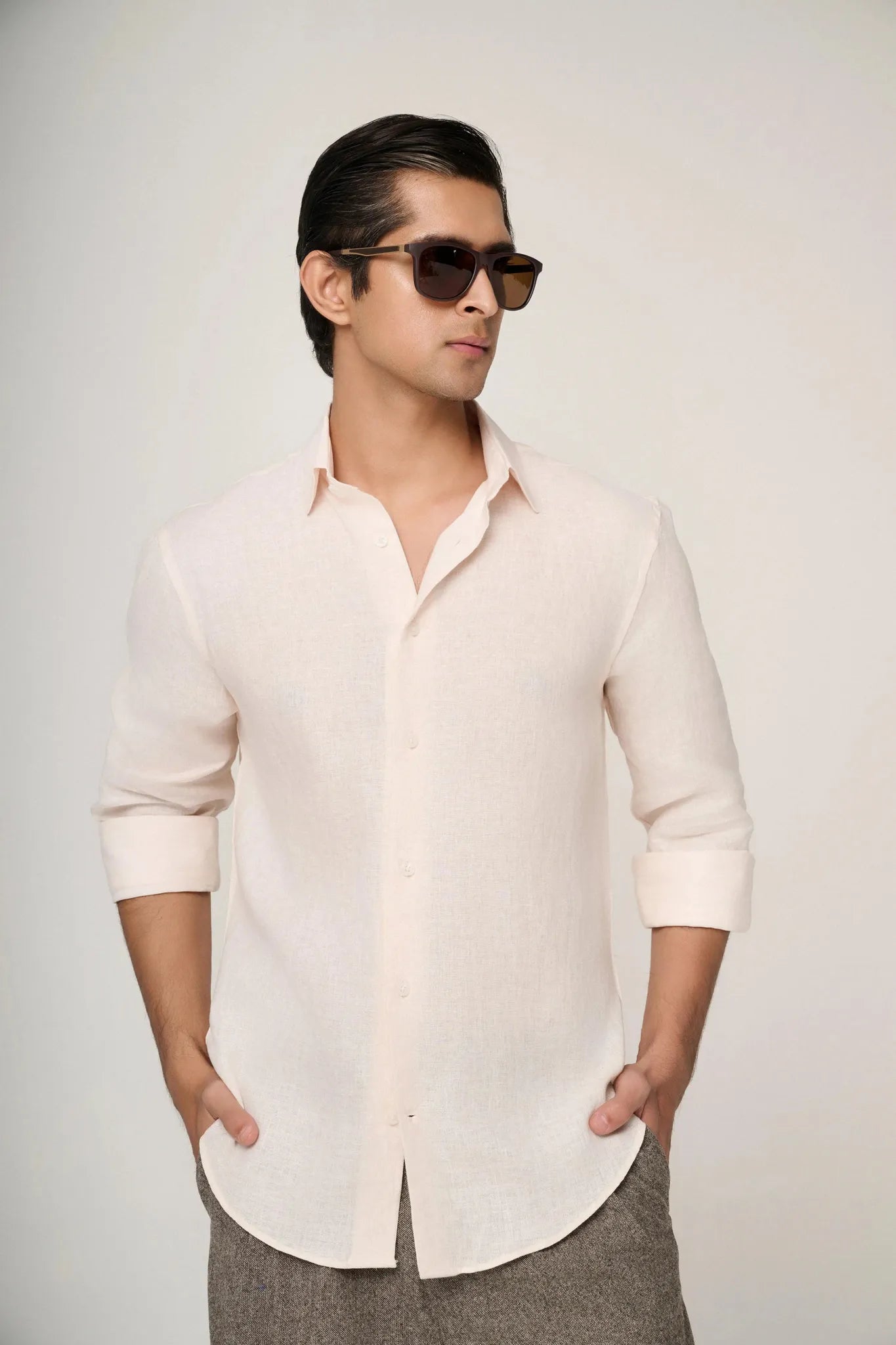 collar and stitching on peach linen shirt
