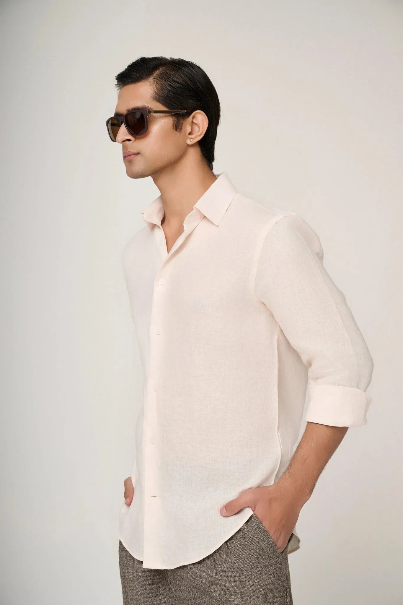 soft peach linen shirt with premium detailing