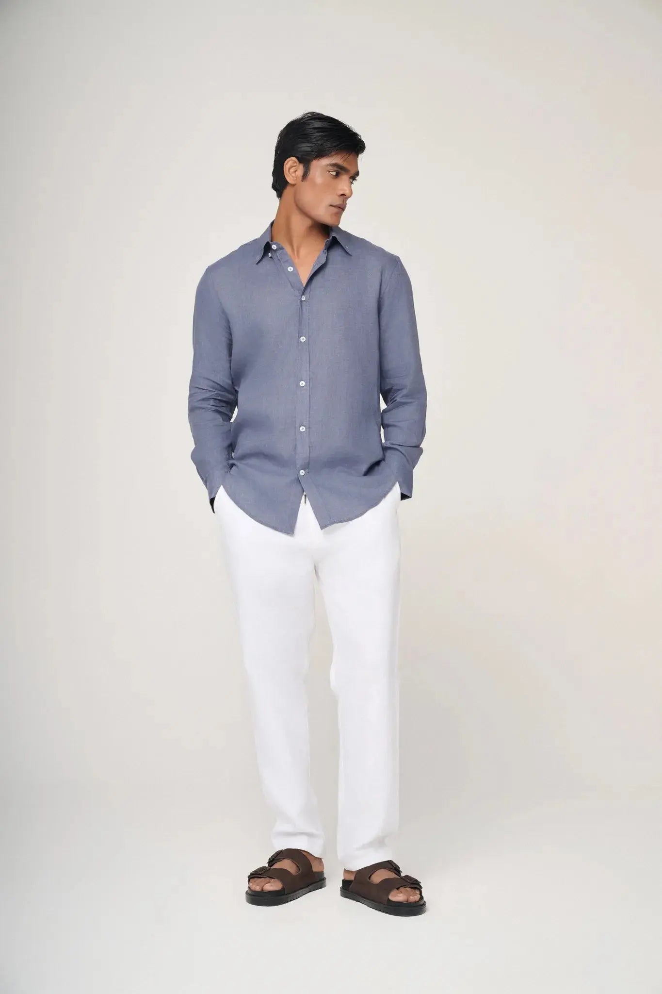 slate blue linen shirt styled for warm weather