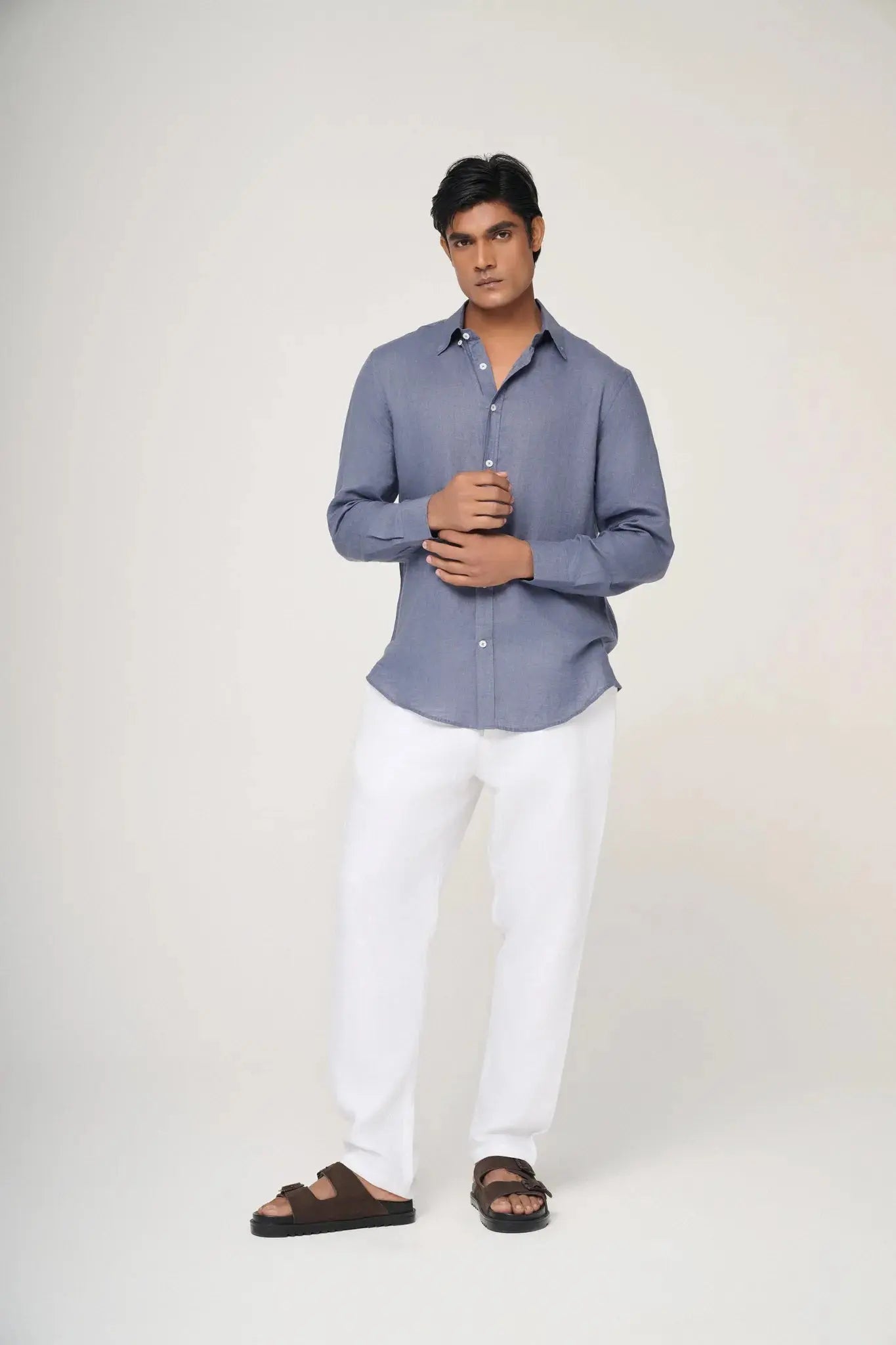 slate blue linen shirt styled with chinos