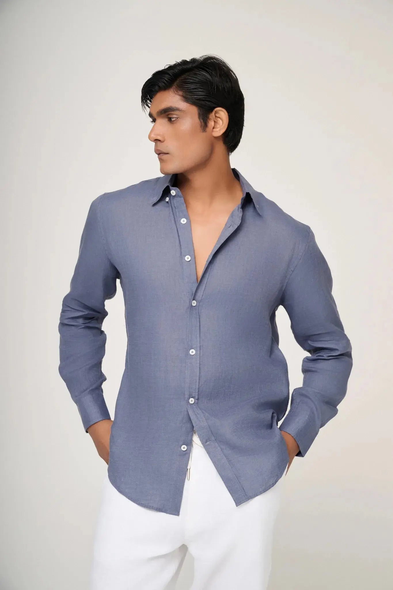 breathable slate blue linen shirt close-up
