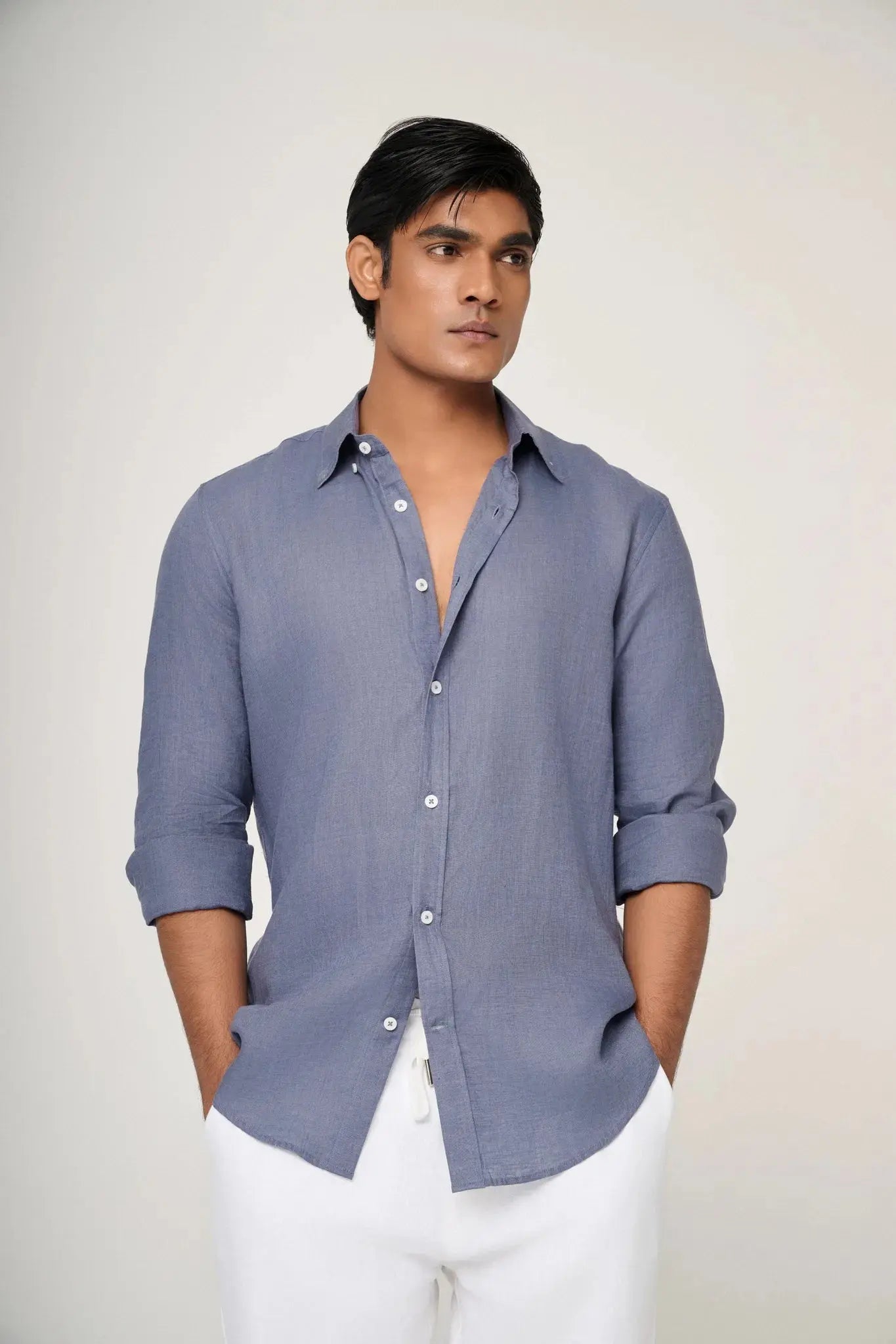premium slate blue linen shirt with elegant texture