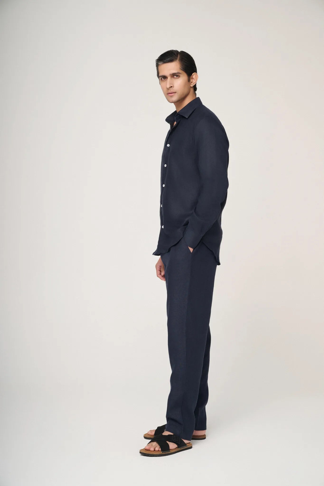 navy blue linen shirt back view with natural drape
