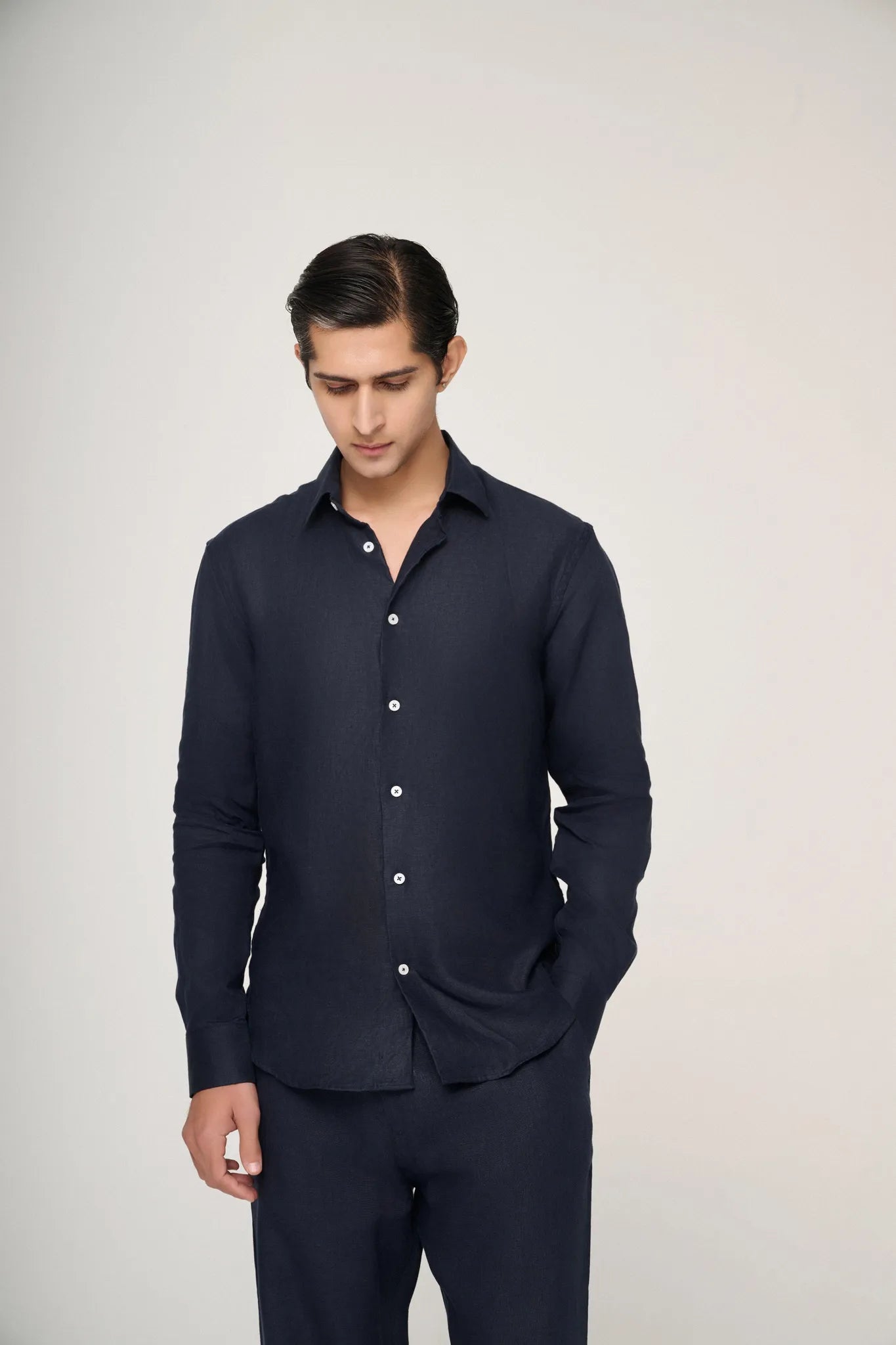 breathable navy blue linen shirt front view