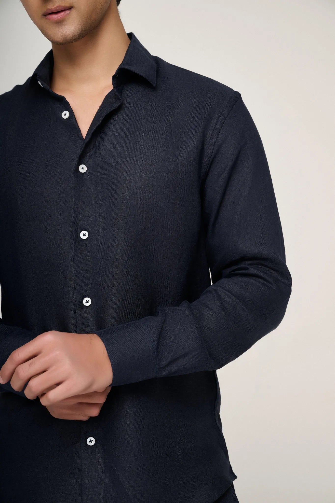 premium navy linen shirt close-up of fabric