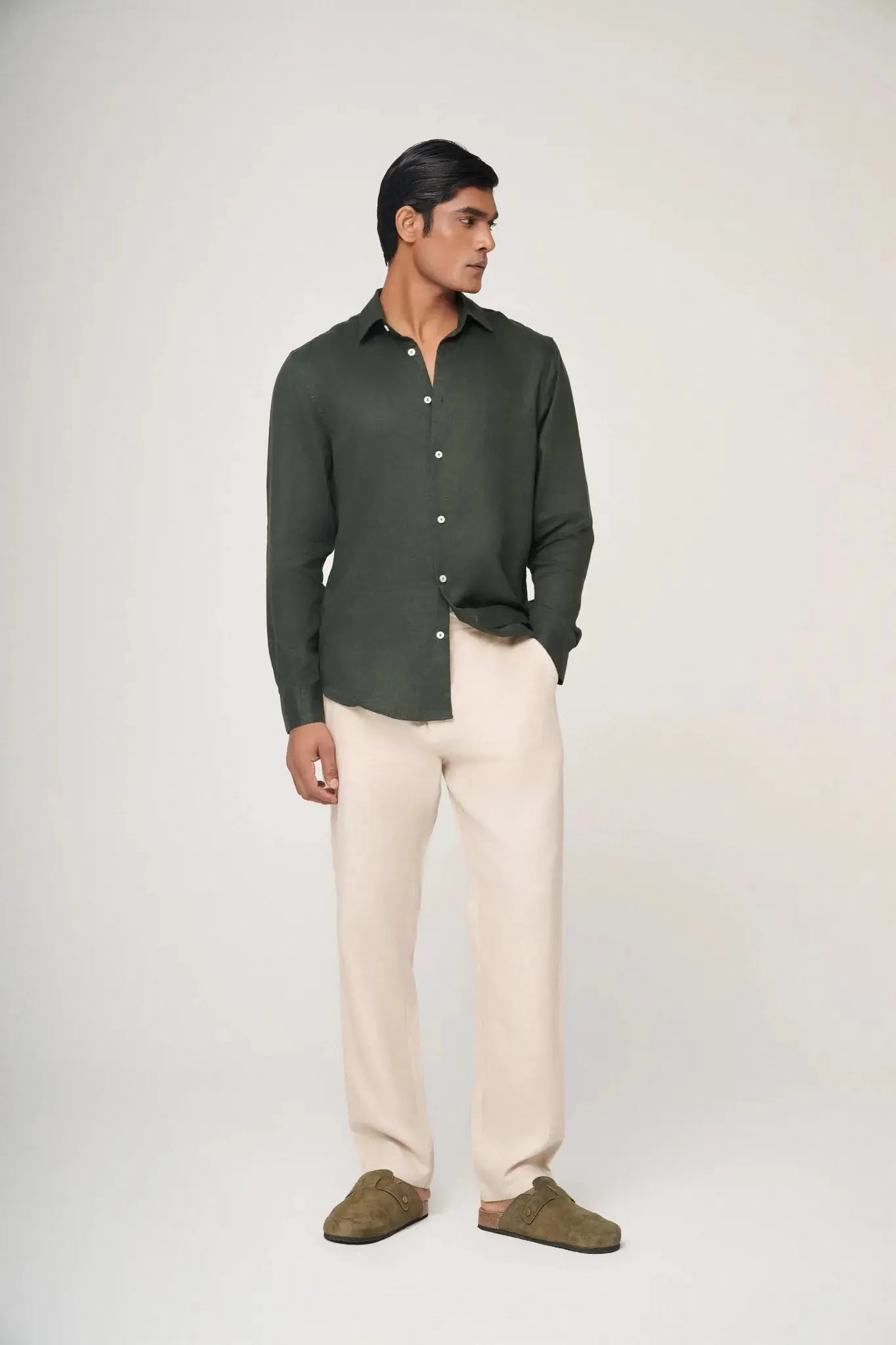 premium green linen shirt front view