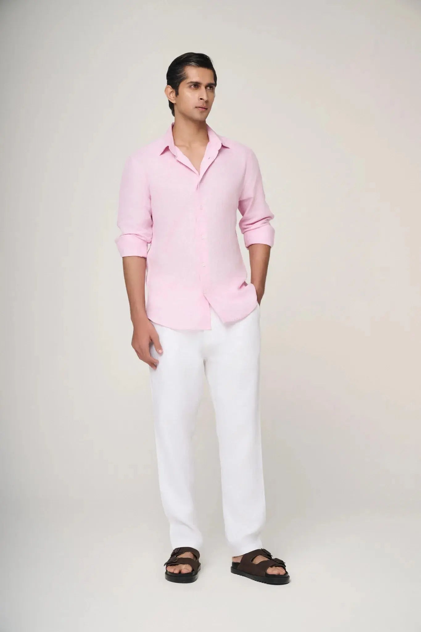premium soft pink linen shirt styled with chinos