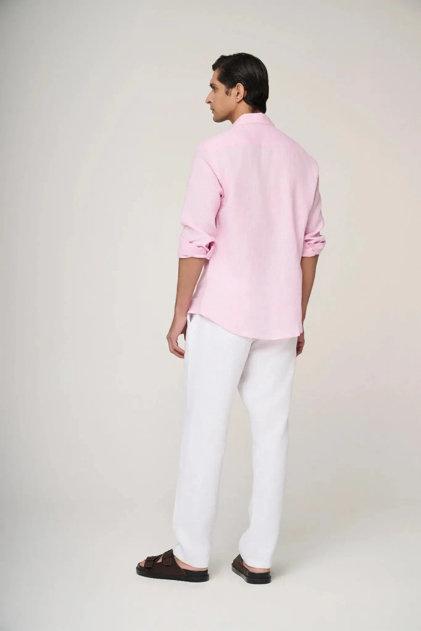relaxed fit soft pink linen shirt back view