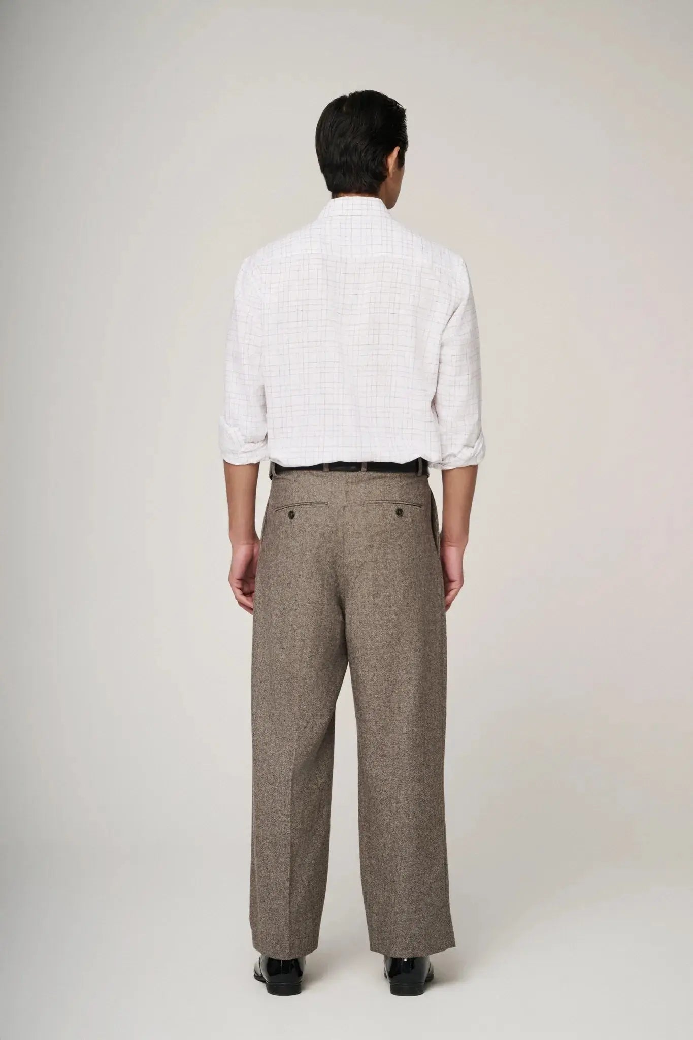back view of white check linen shirt