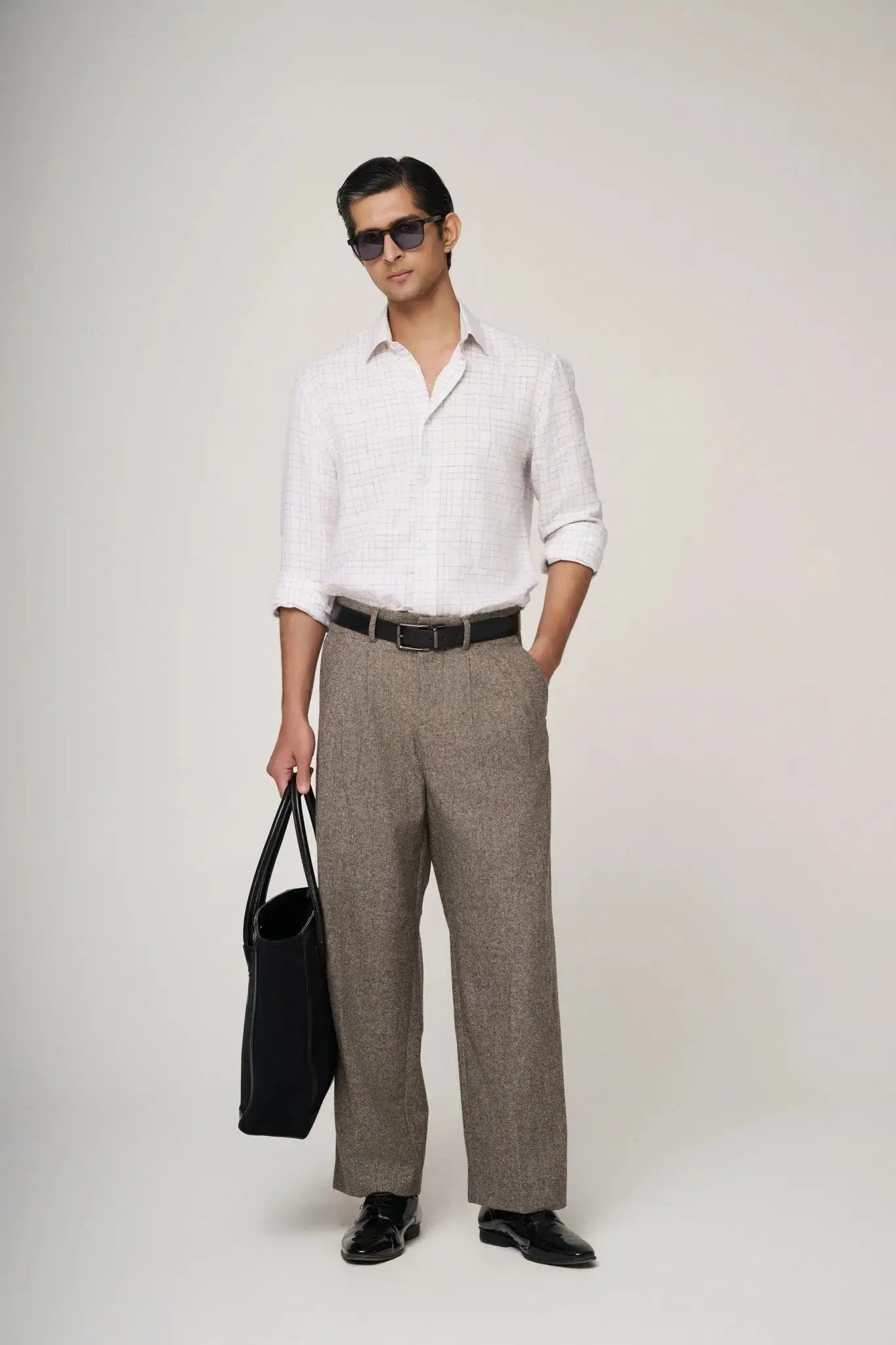 premium white check linen shirt styled with chinos