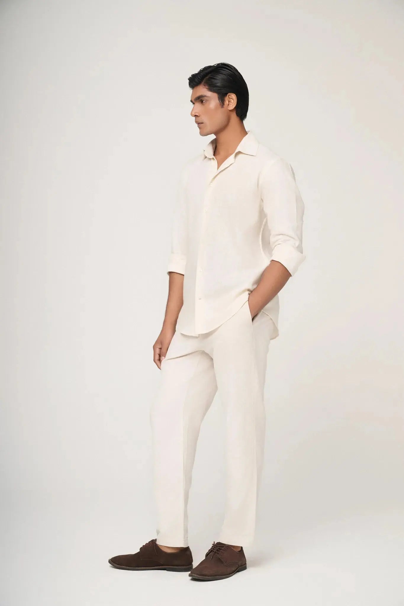 cream linen shirt side view showing slim fit