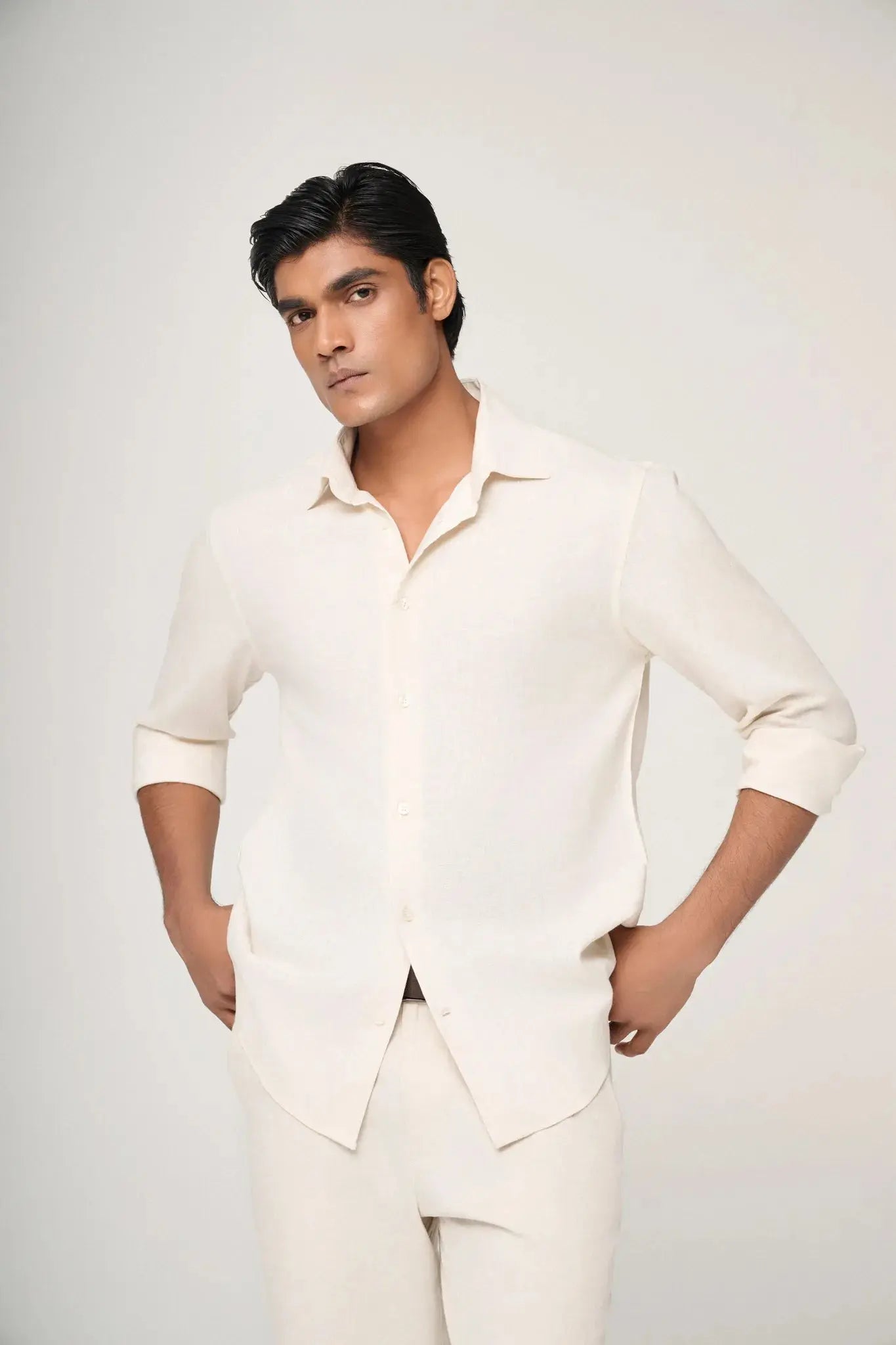 soft cream linen shirt detail of collar and buttons