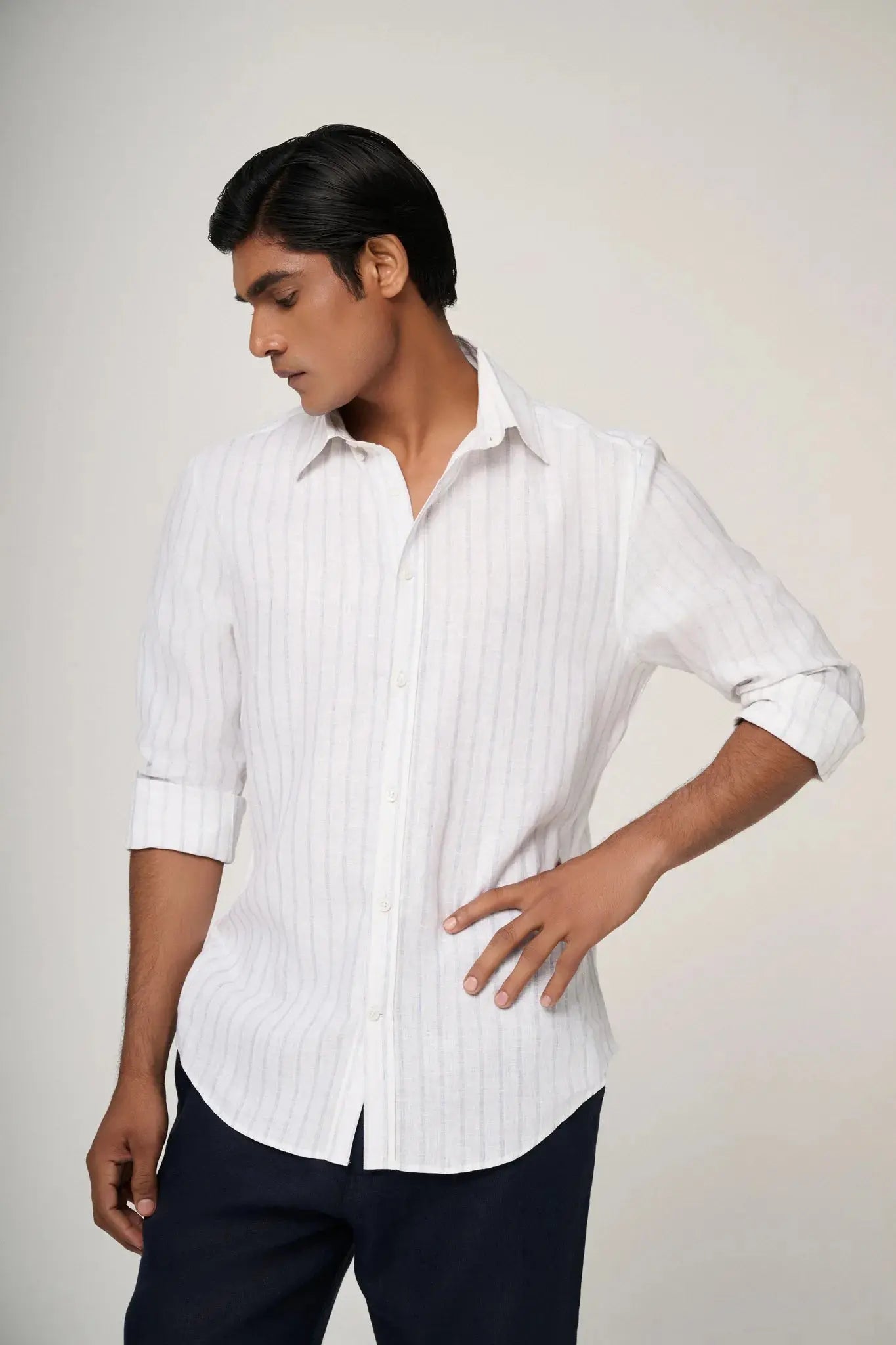 striped linen shirt with subtle vertical stripes