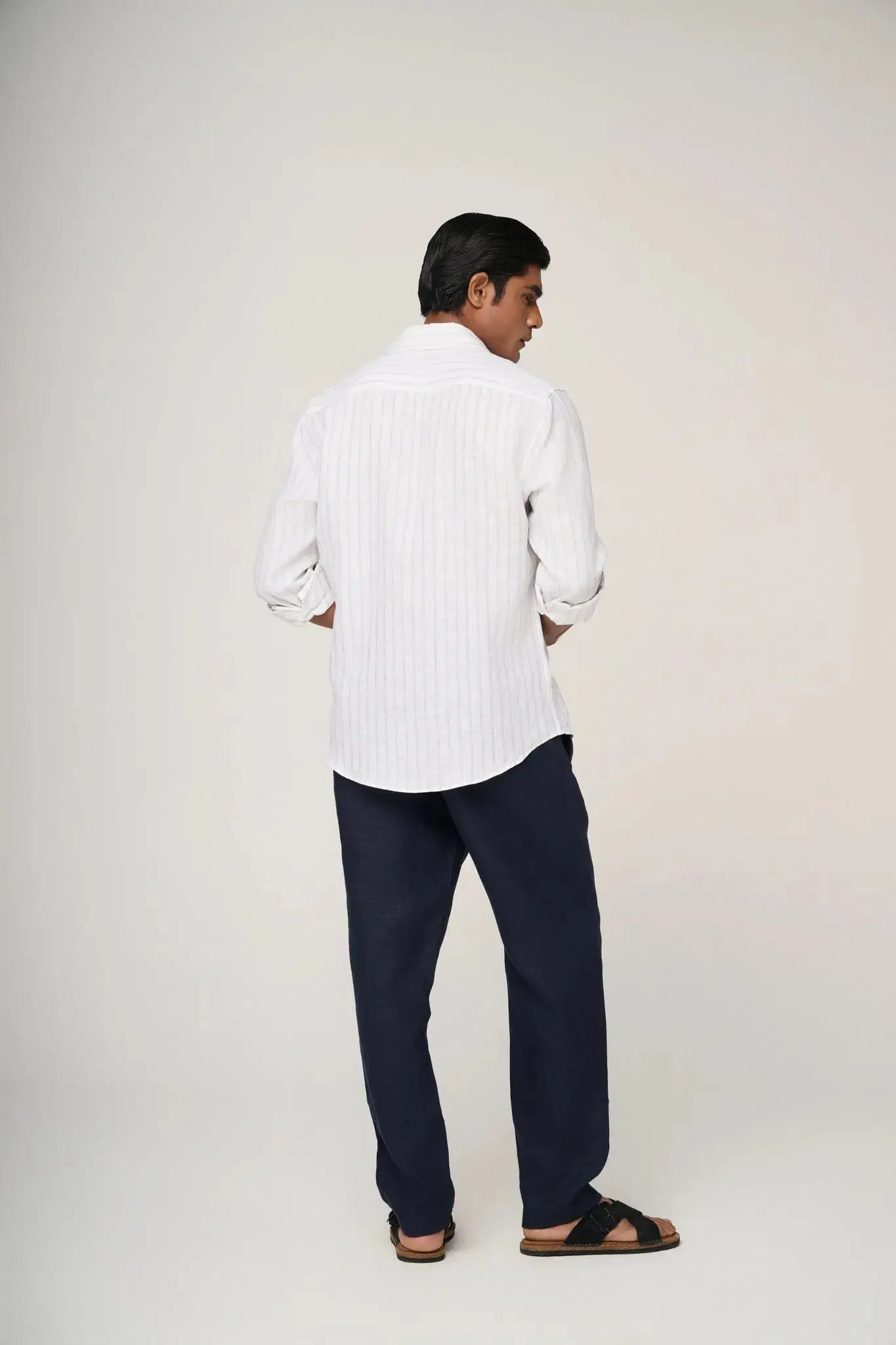 back view of breathable striped linen shirt