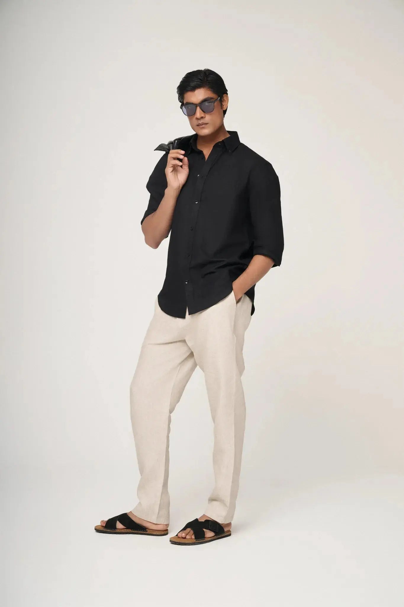 elegant black linen shirt styled for evening outing
