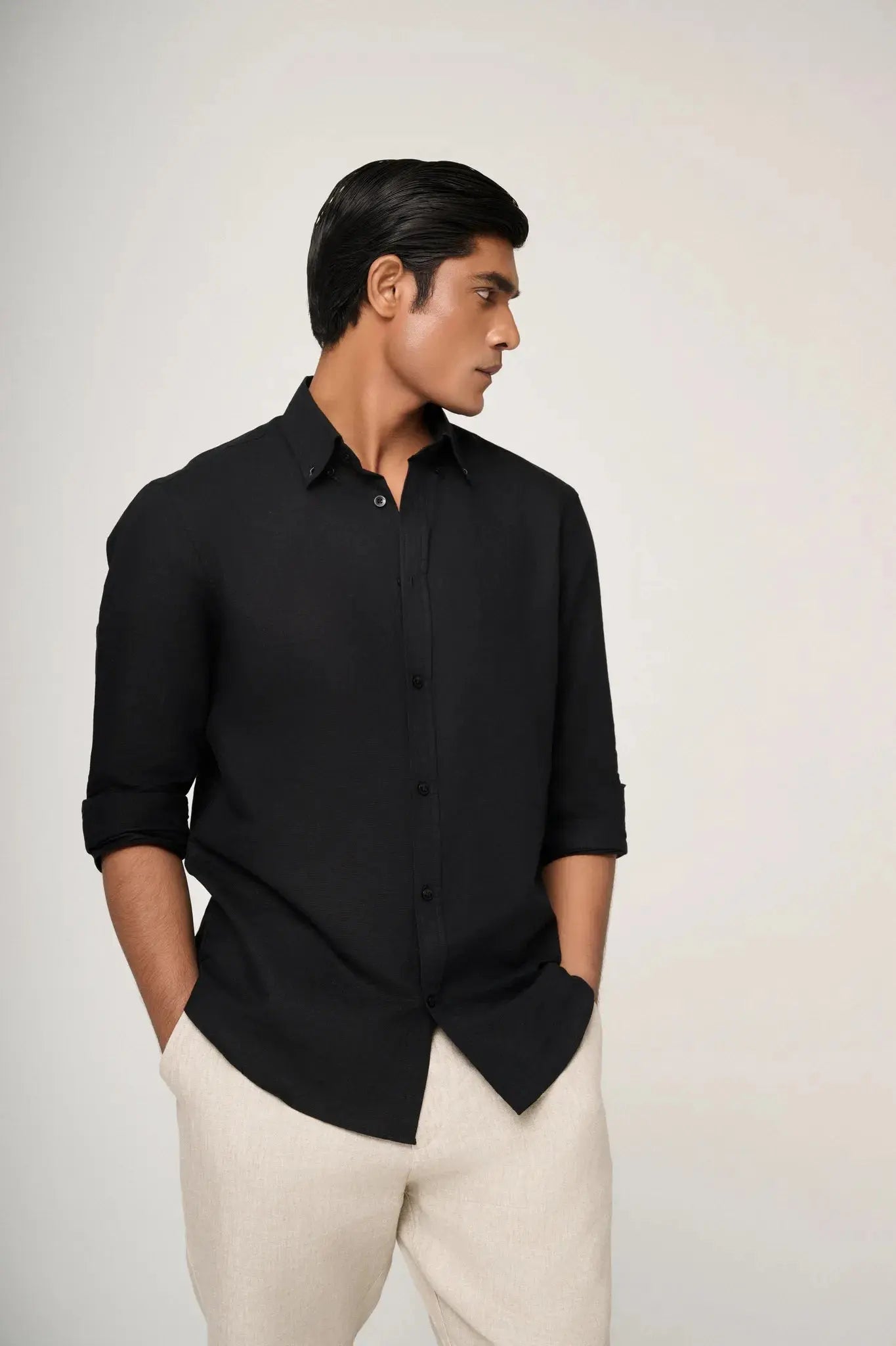 black linen shirt button detail and texture