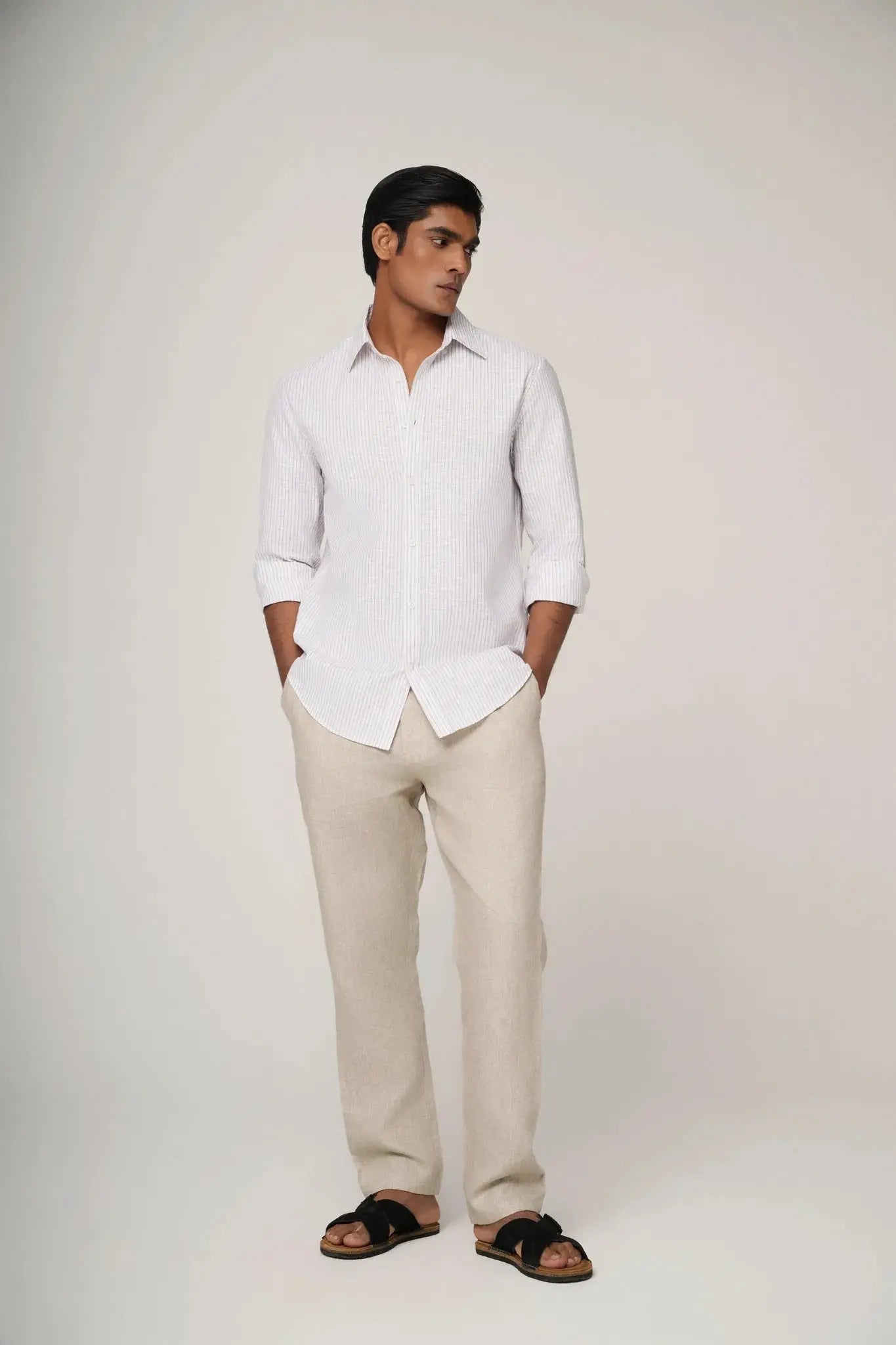 Blue striped linen shirts paired with chinos.