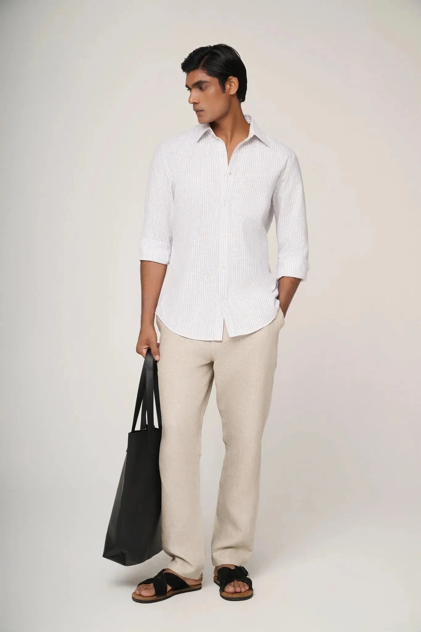 breathable blue striped linen shirt front view.