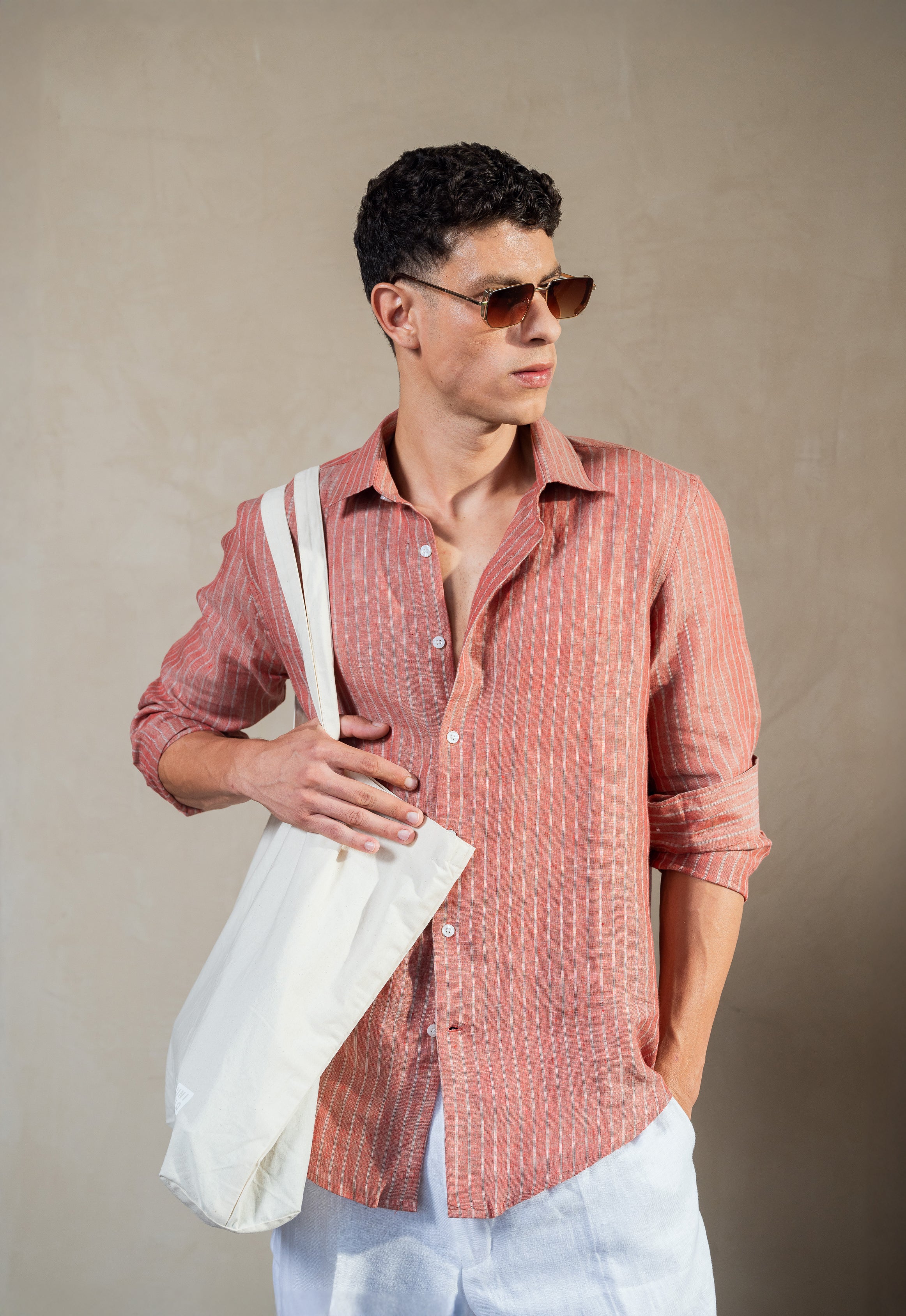 Terracotta Striped 100% Linen Shirt