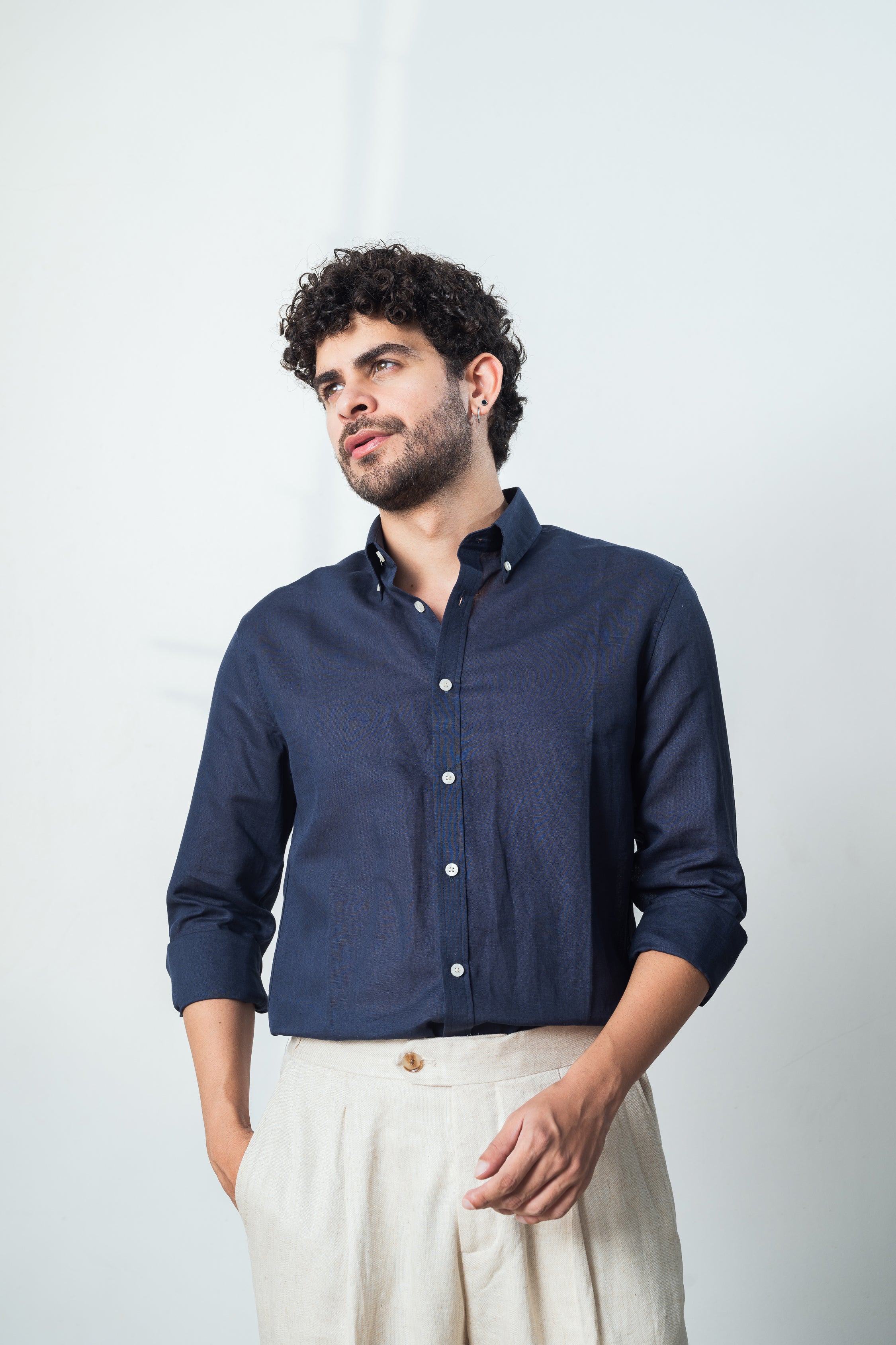 Navy Blue Linen Blend Shirt