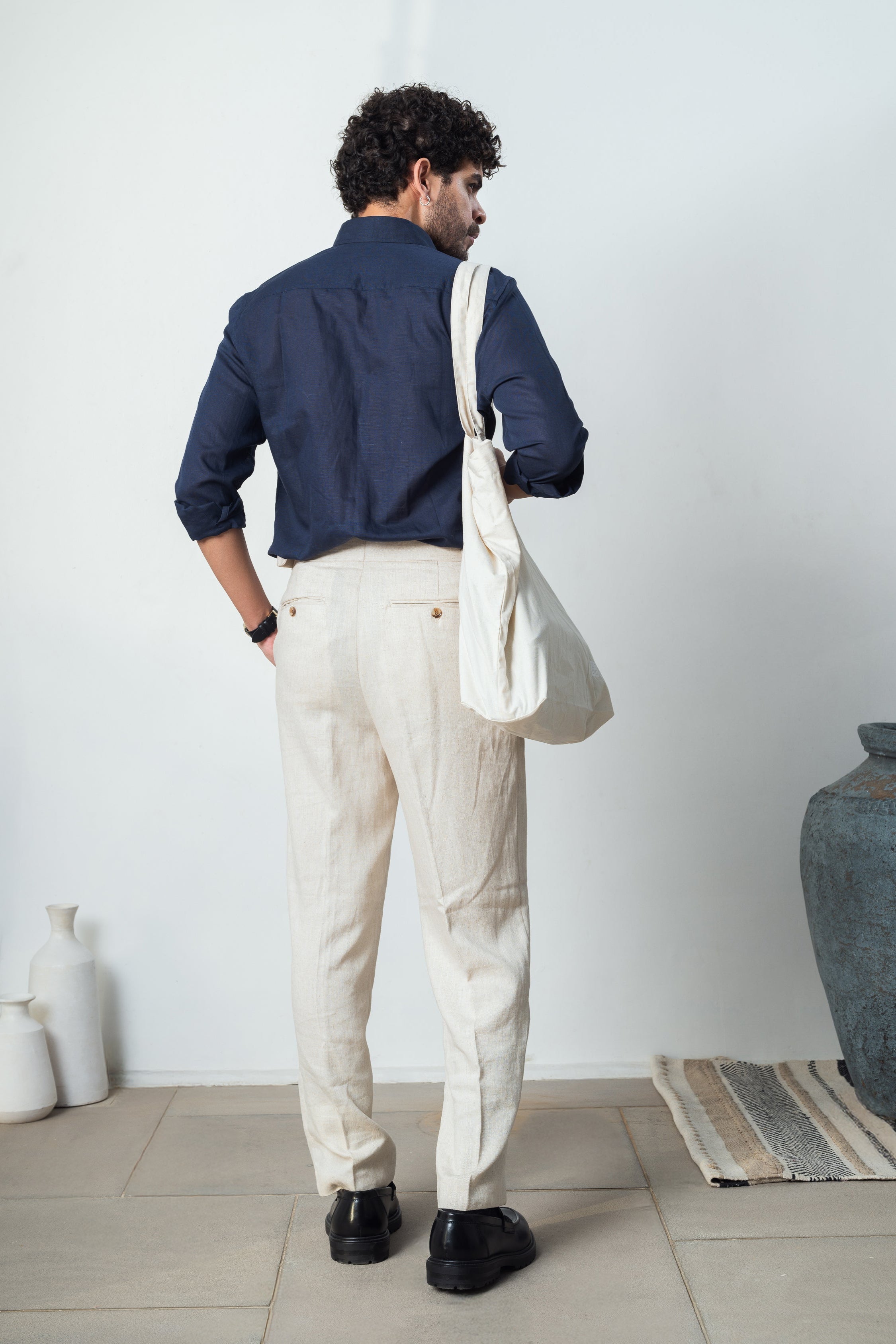 Navy Blue Linen Blend Shirt