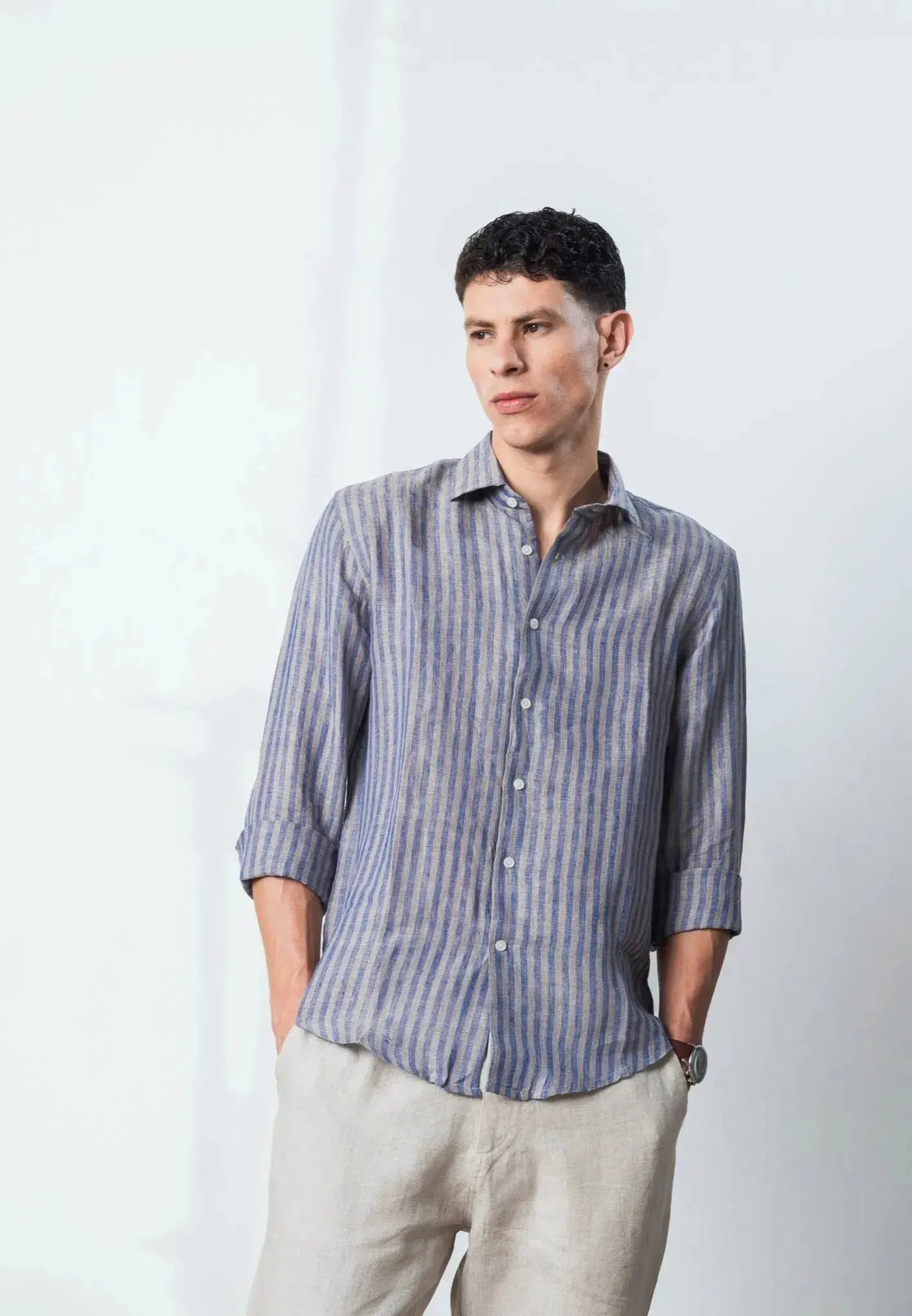 100% linen almond strip shirt