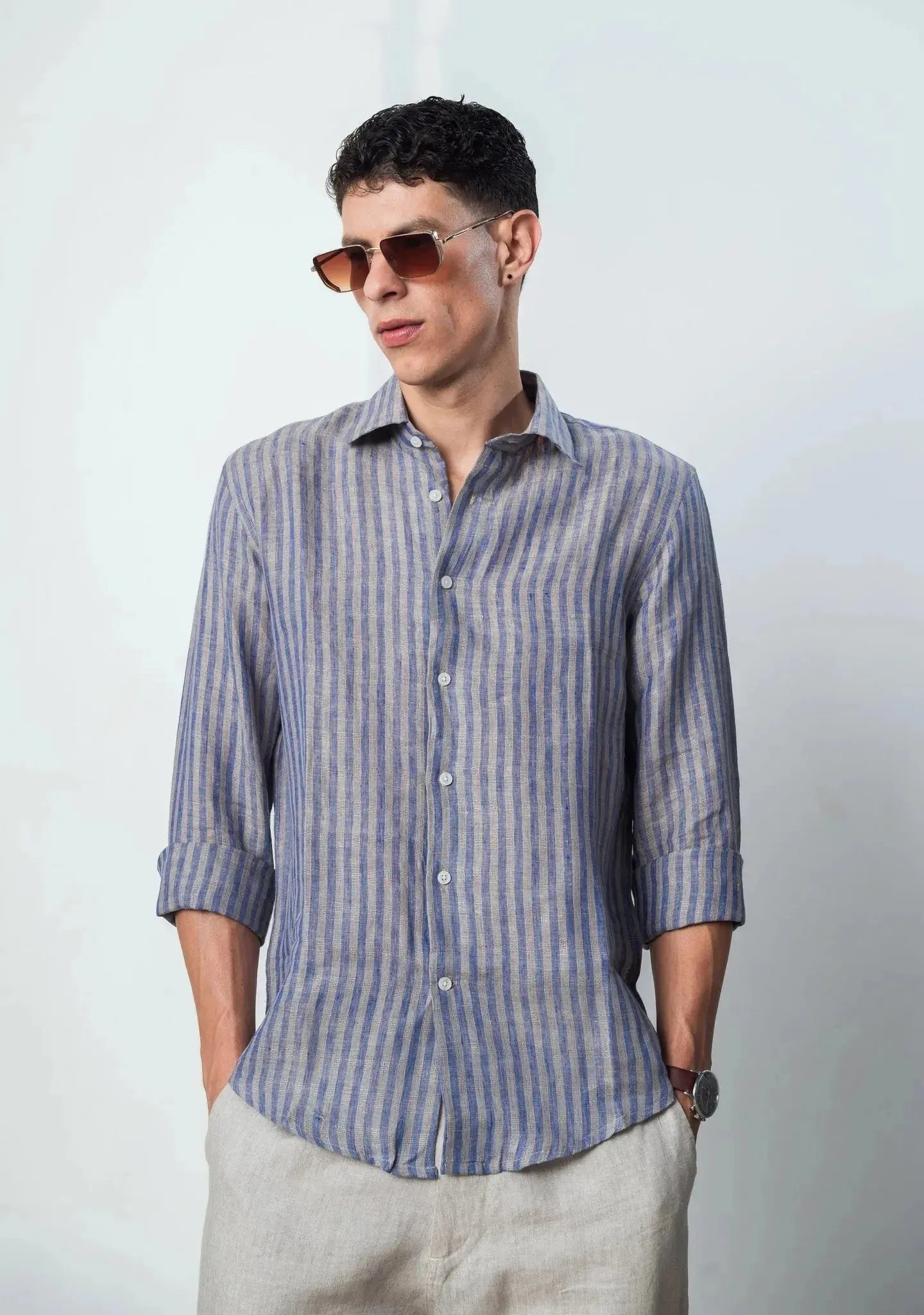 100% linen almond strip shirt