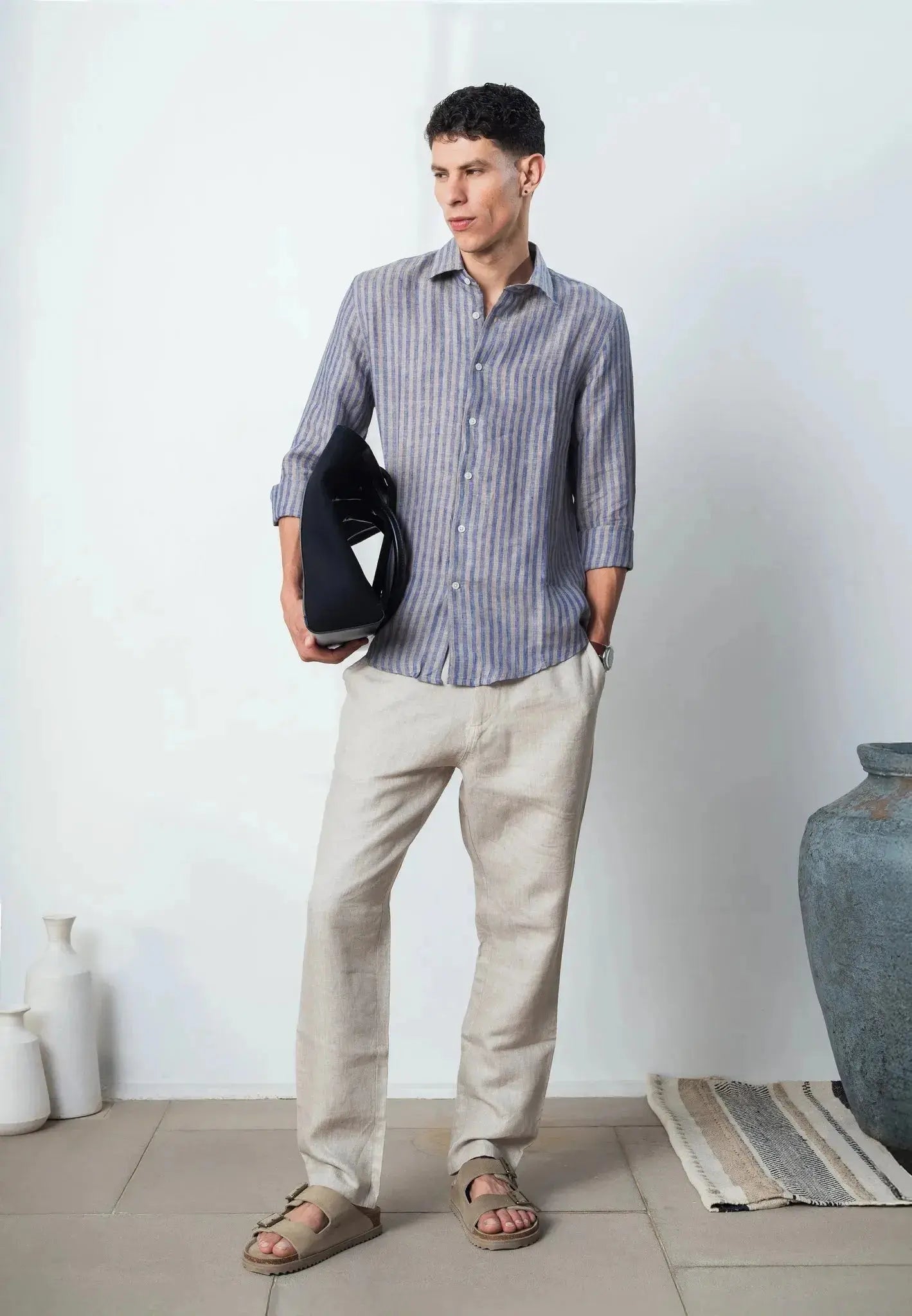 100% linen almond strip shirt