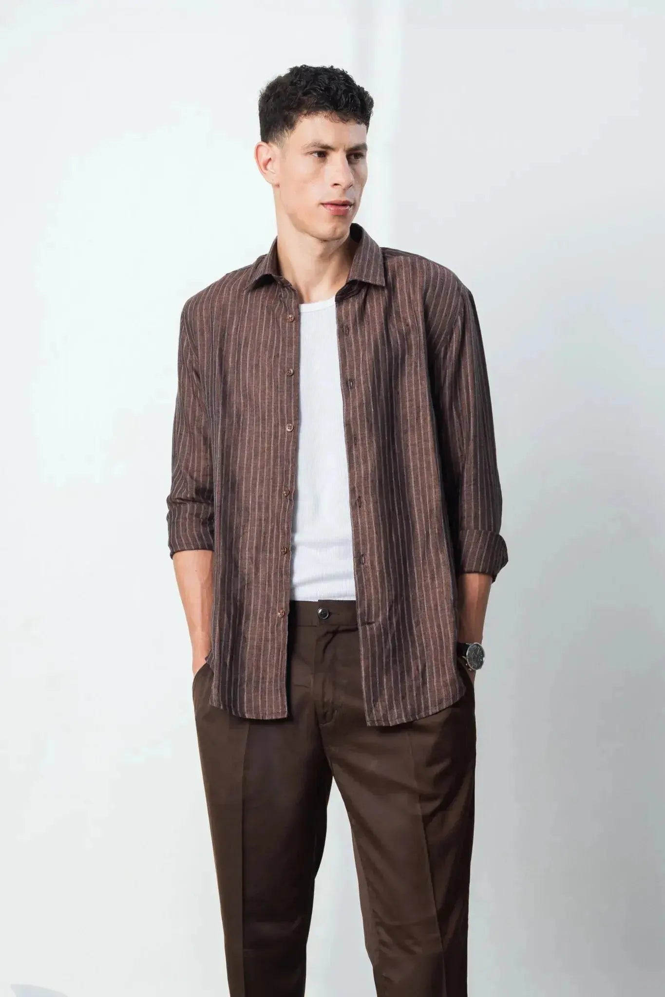 100% linen coffee brown strip shirt