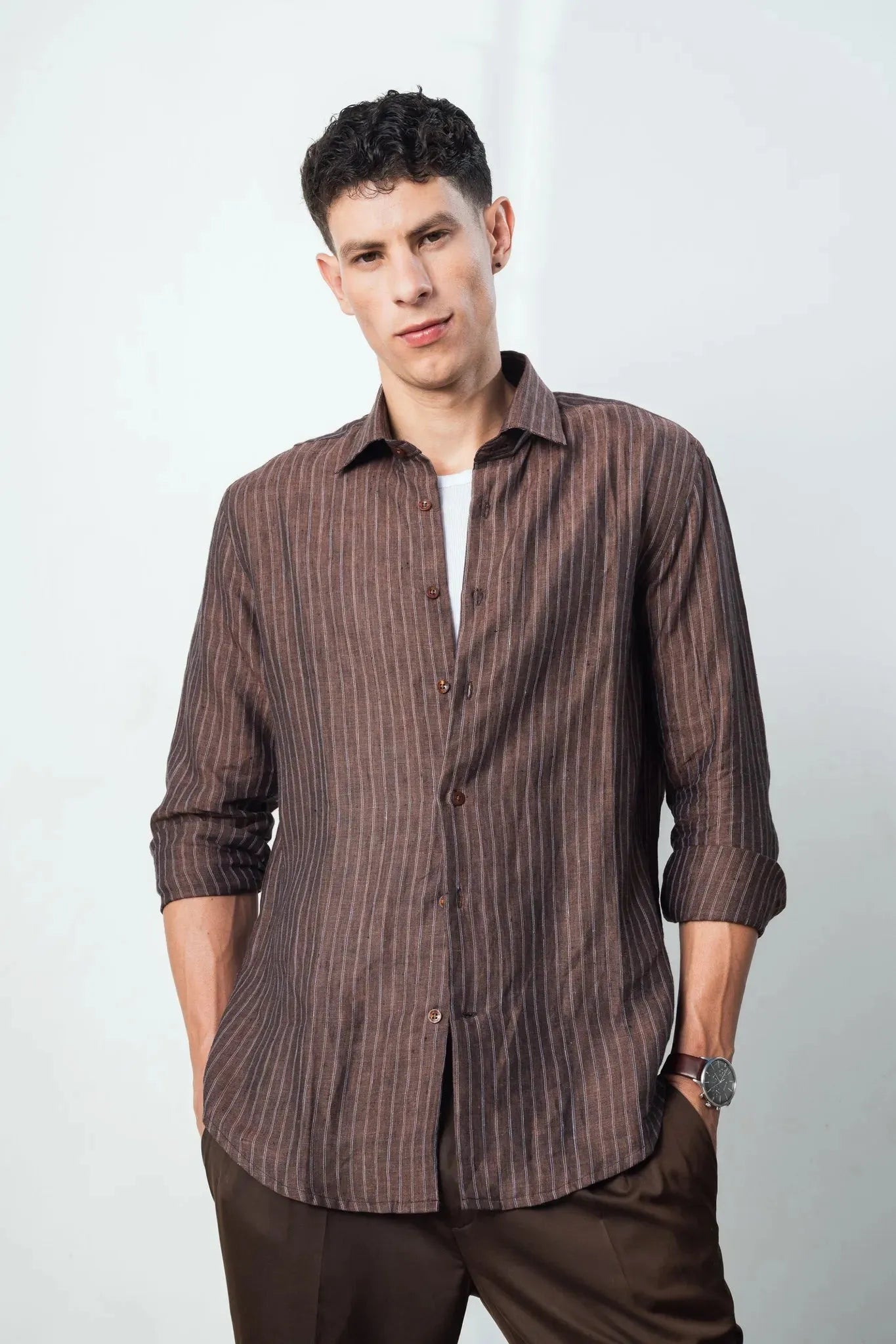 100% linen coffee brown strip shirt