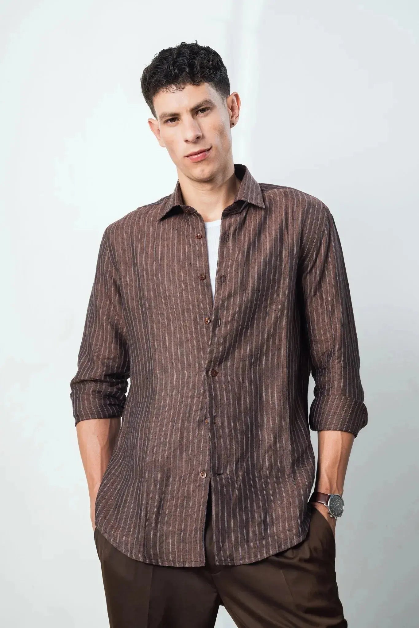 100% linen coffee brown strip shirt