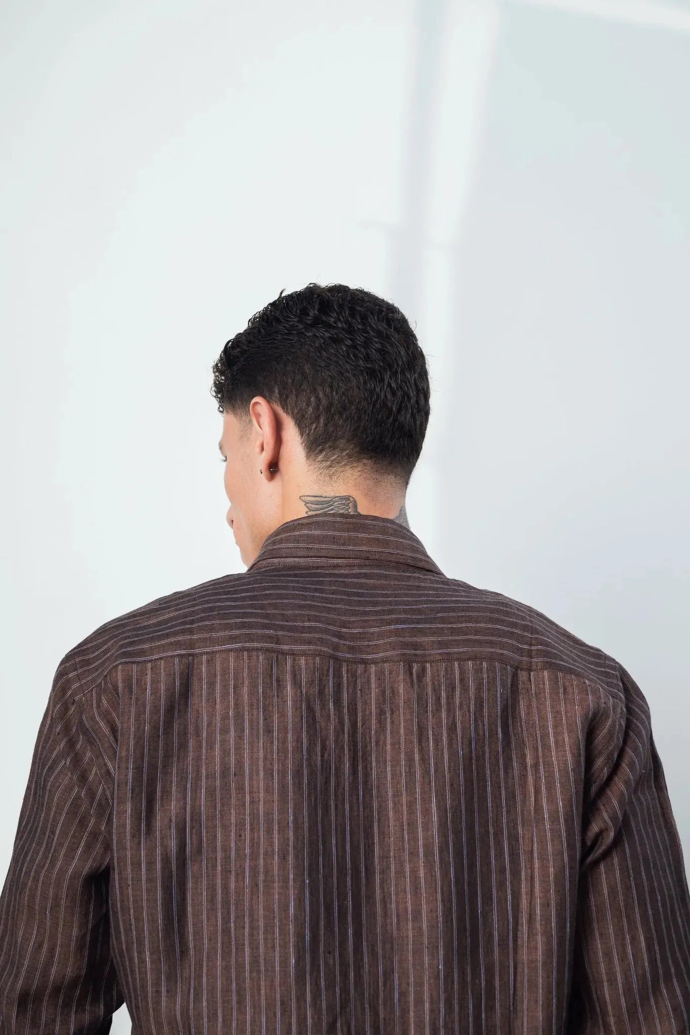 100% linen coffee brown strip shirt