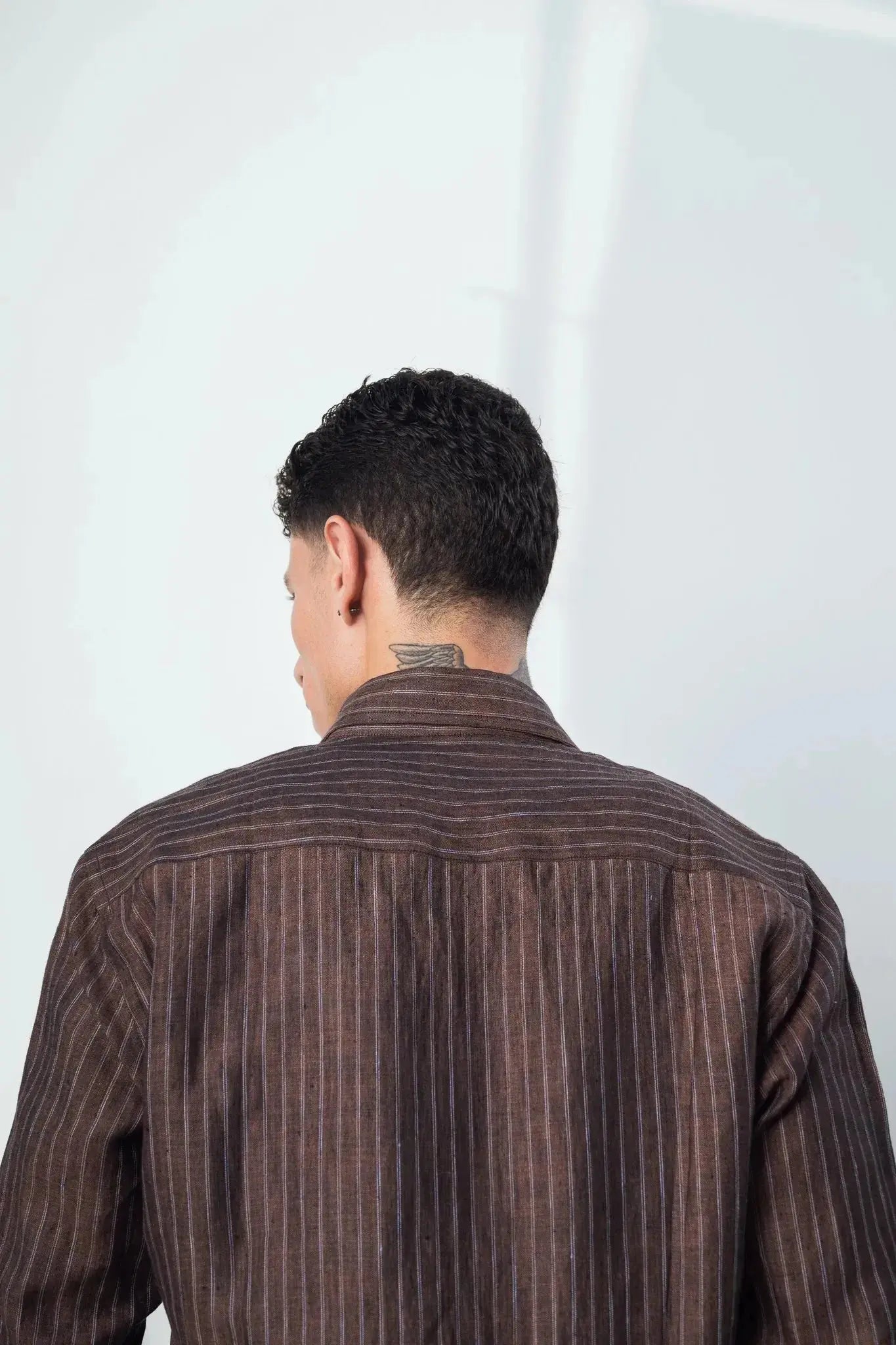 100% linen coffee brown strip shirt