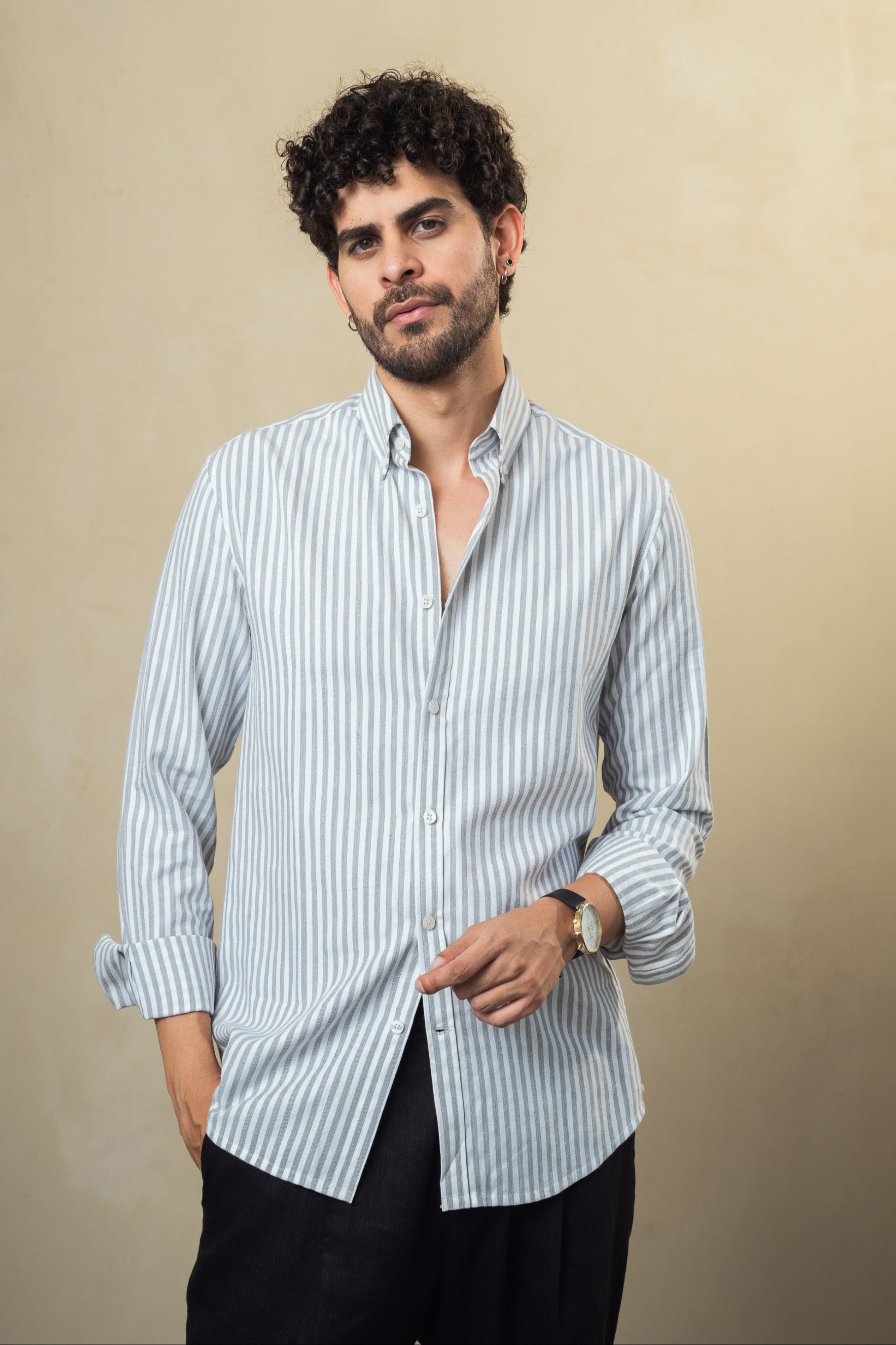 White Grey Striped Cotton Shirt