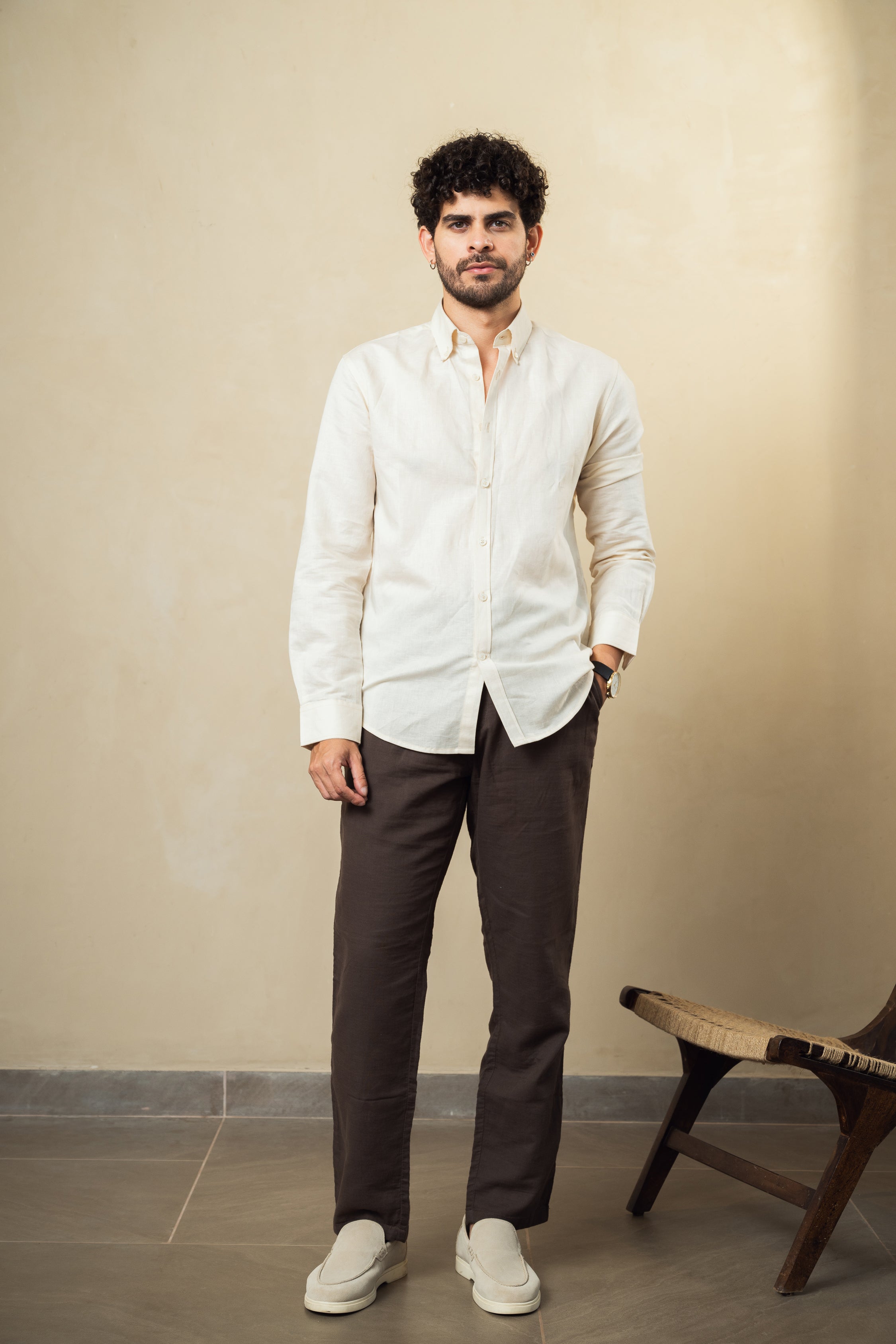 beige linen blend button down shirt