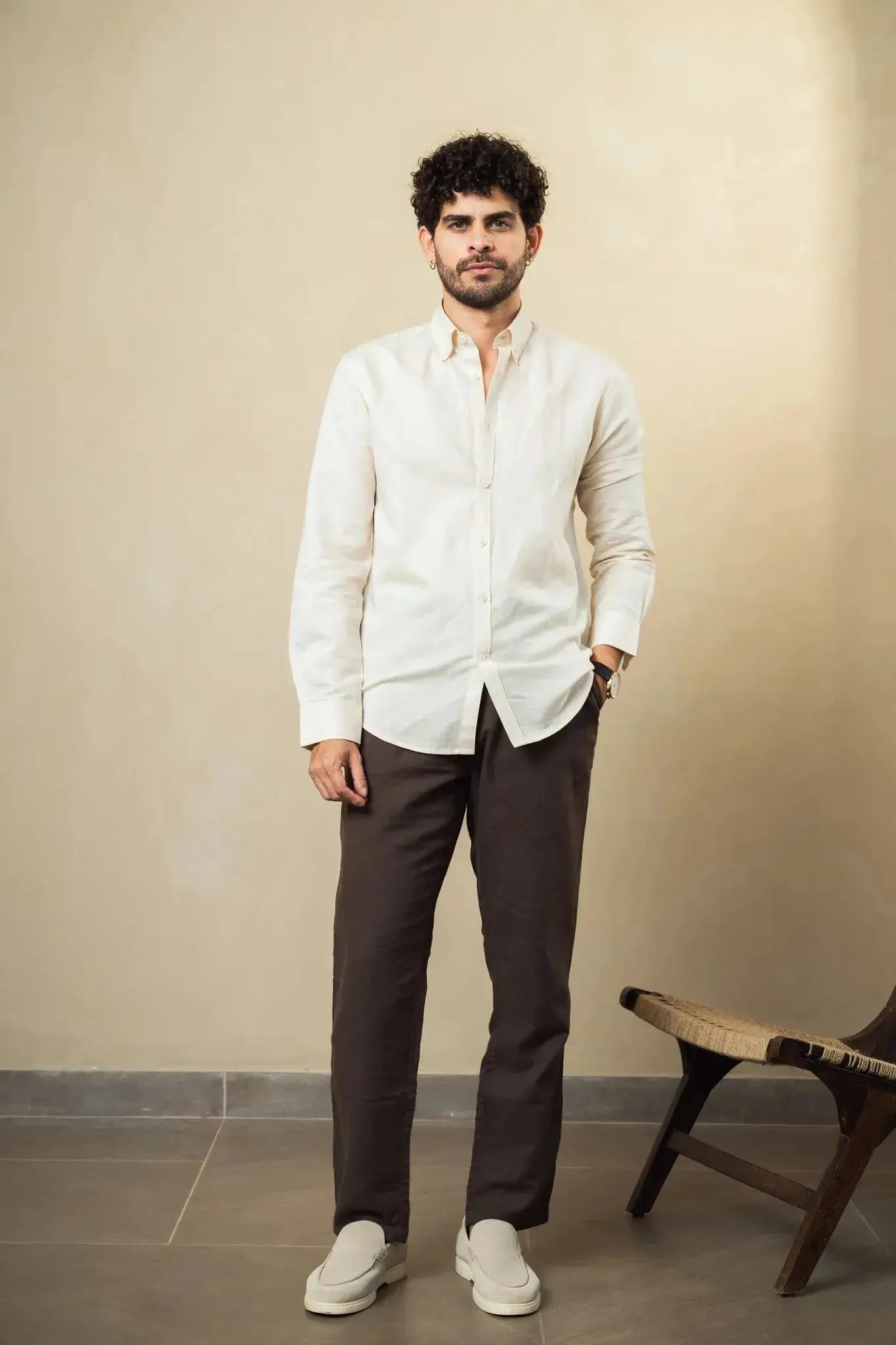 beige linen blend button down shirt