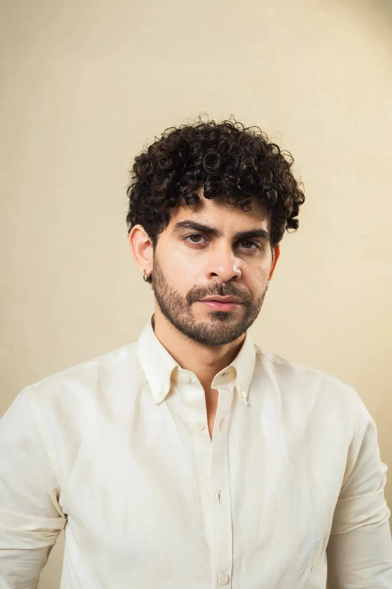 beige linen blend button down shirt