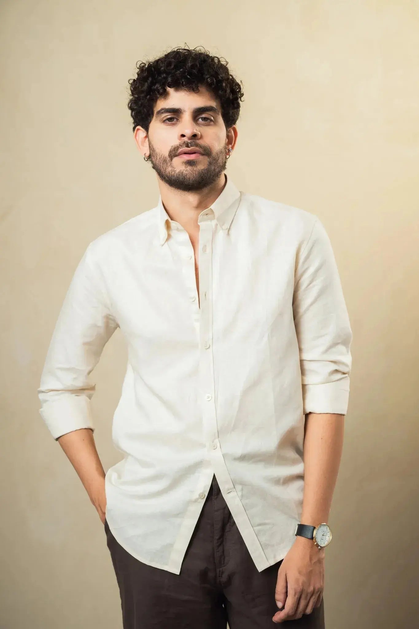 beige linen blend button down shirt