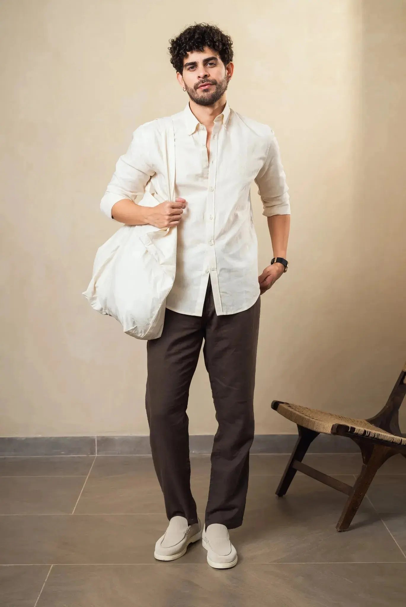 beige linen blend button down shirt