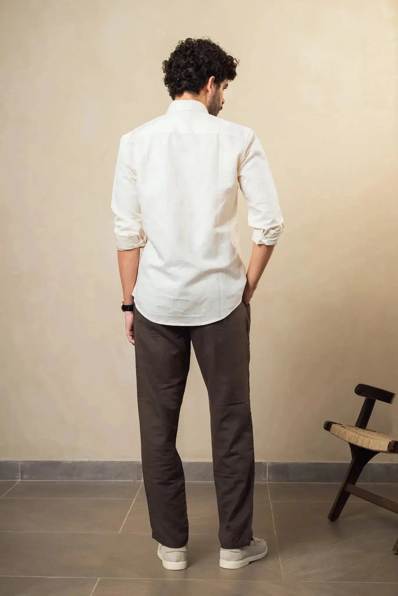 beige linen blend button down shirt