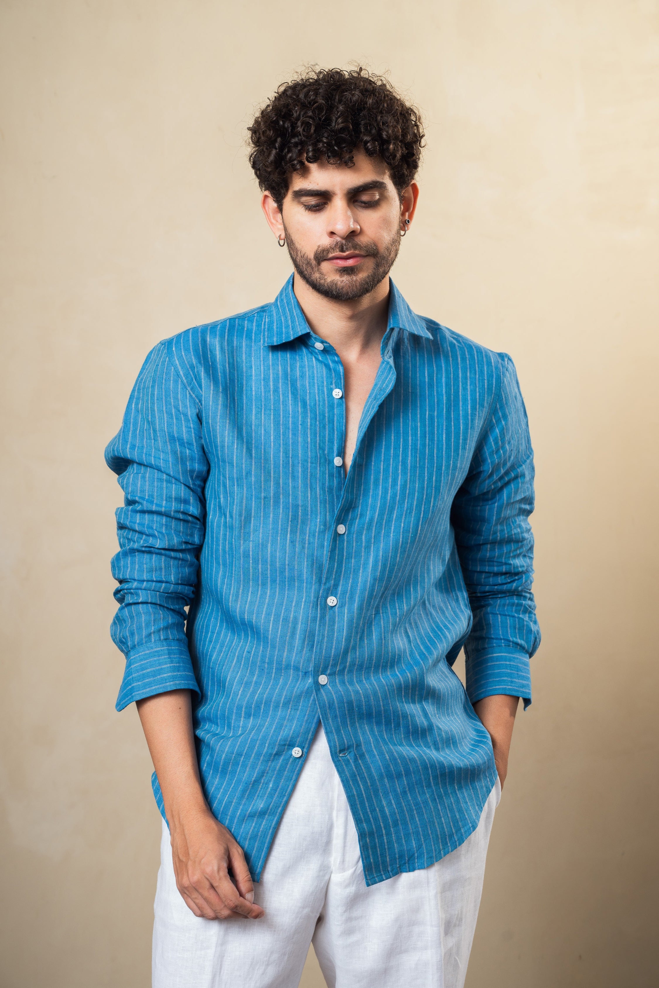 100% linen dusky blue strip shirt