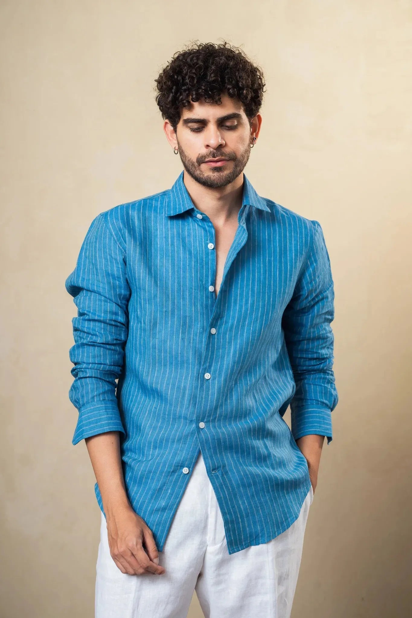 100% linen dusky blue strip shirt