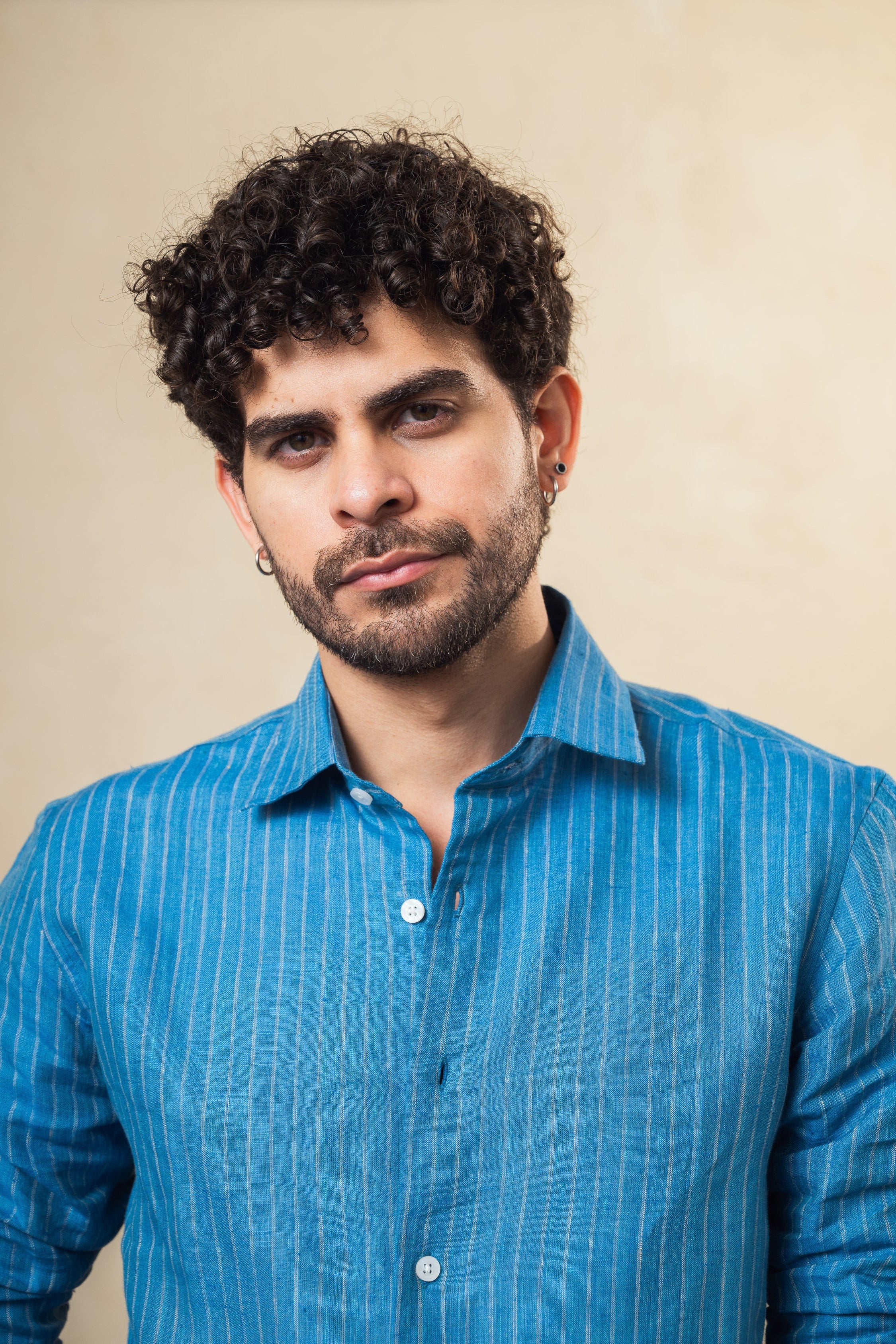 100% linen dusky blue strip shirt