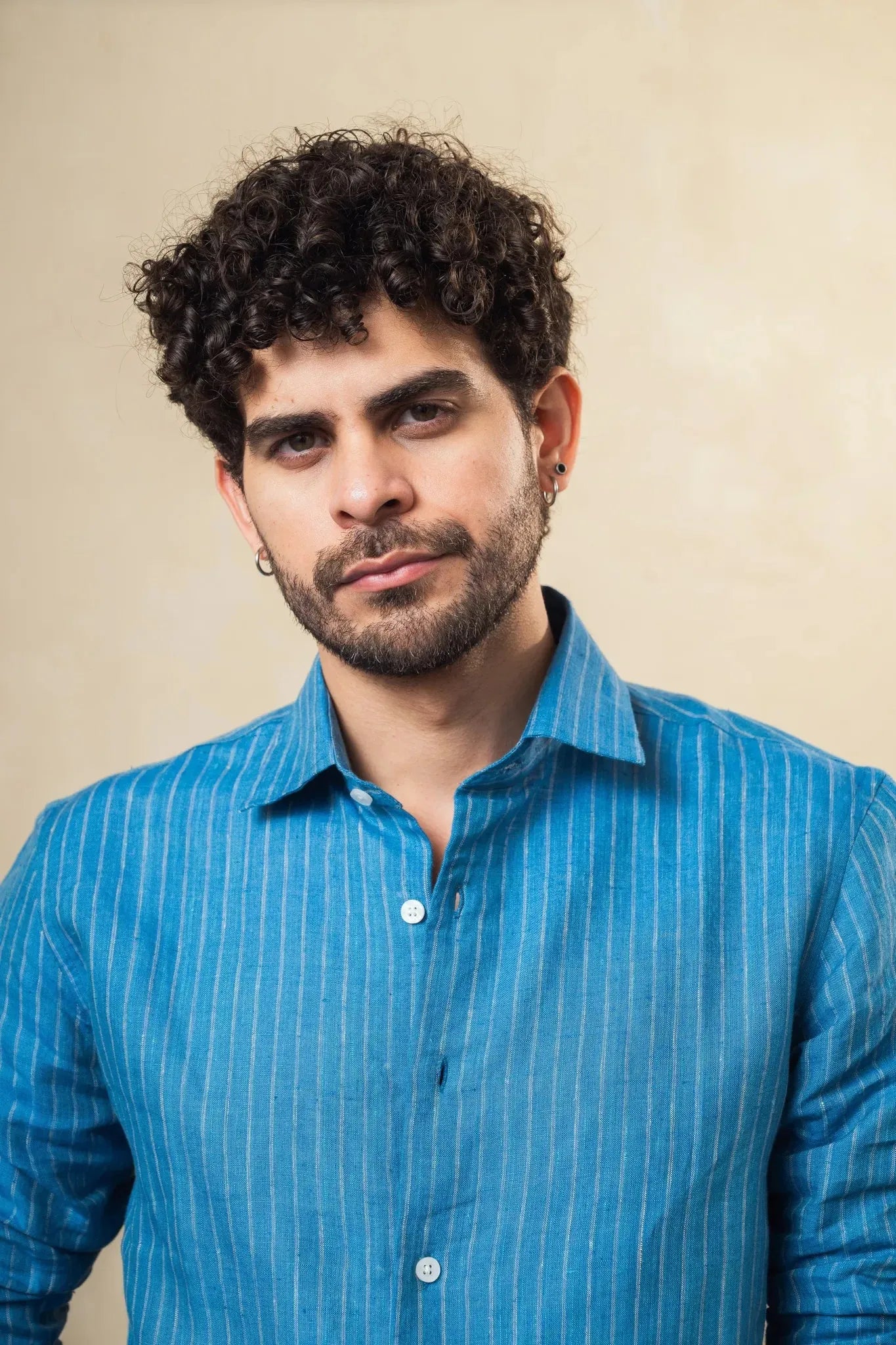 100% linen dusky blue strip shirt