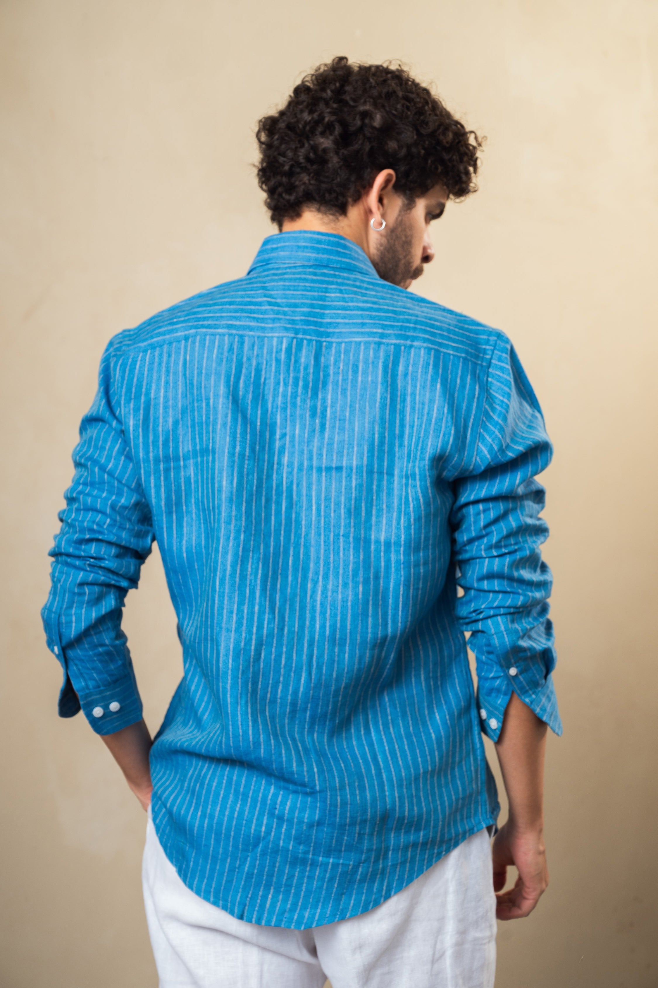 100% linen dusky blue strip shirt