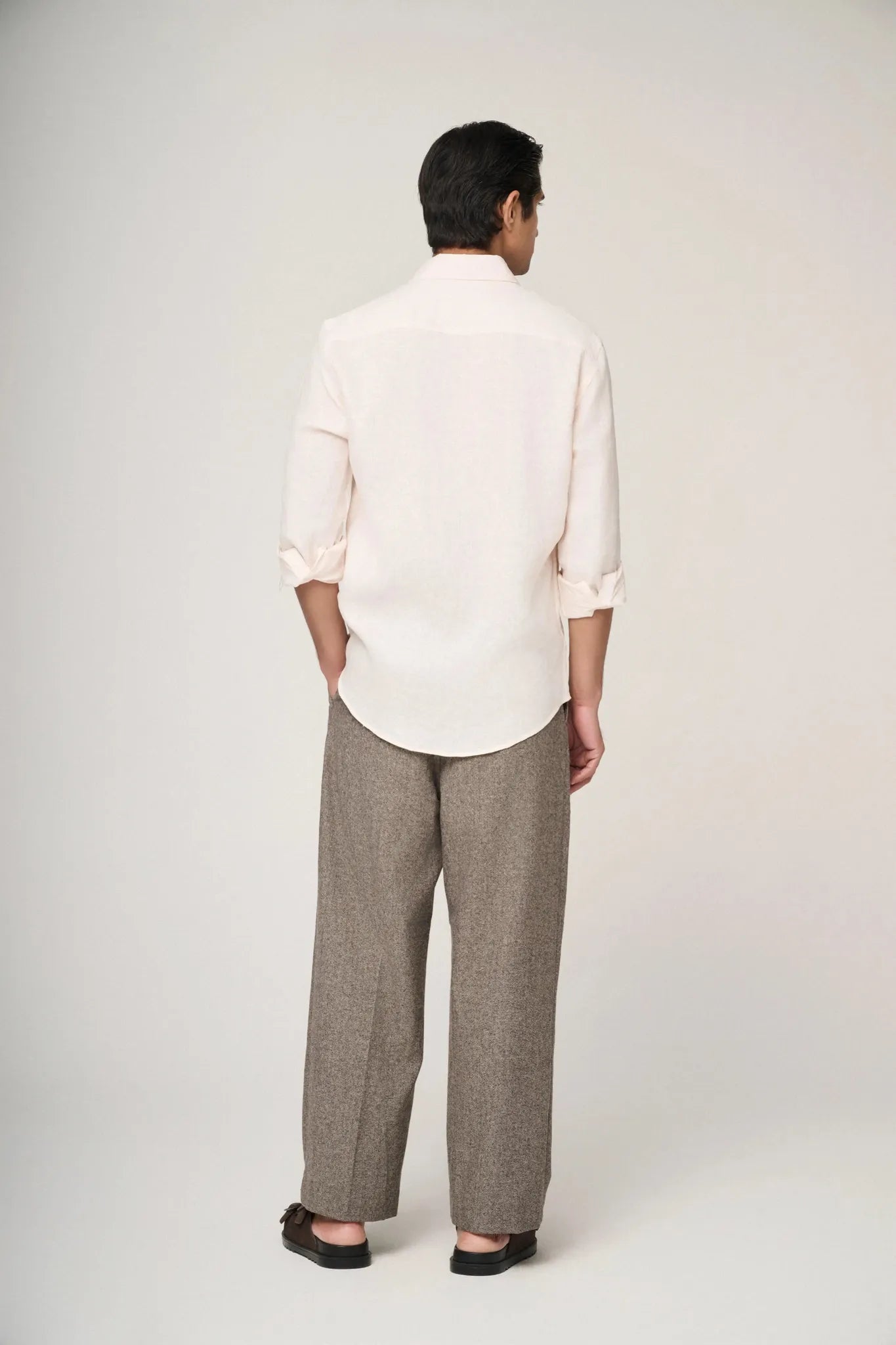 peach linen shirt back view with smooth fall