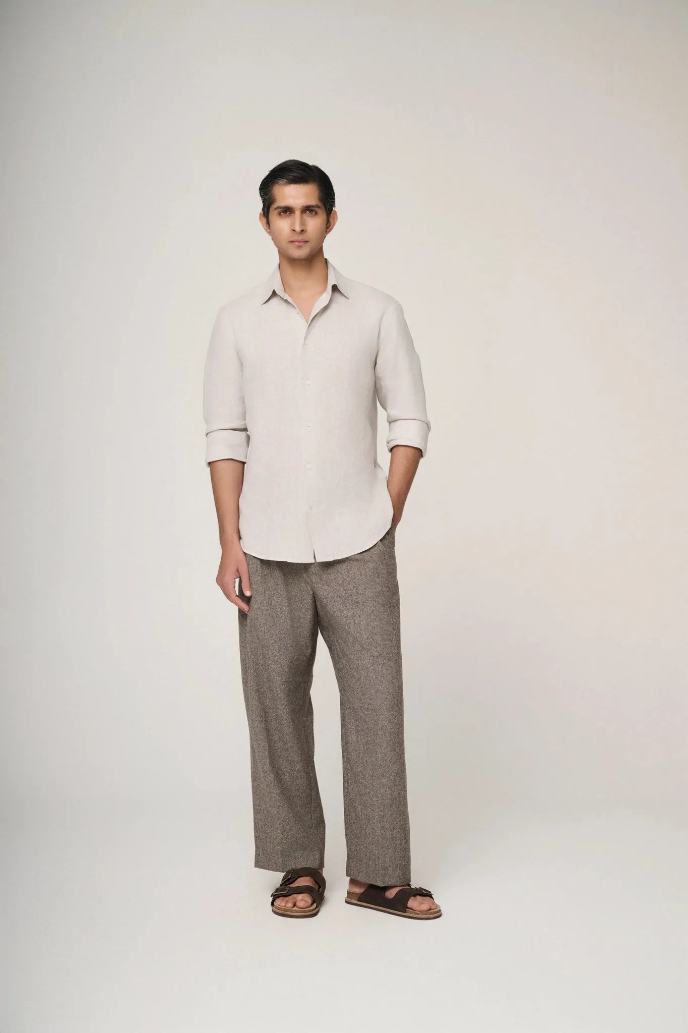 front view of grey linen shirt