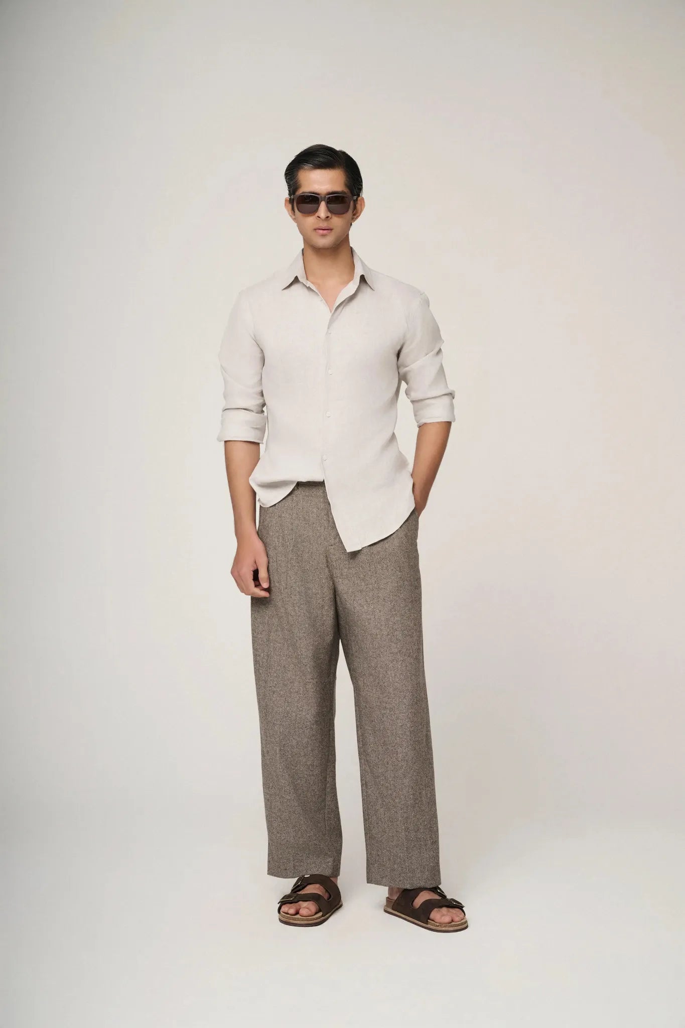 grey linen shirt styled with minimal accessories