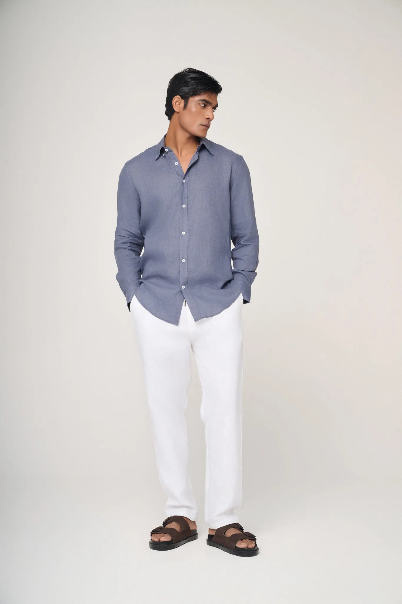 slate blue linen shirt styled for warm weather